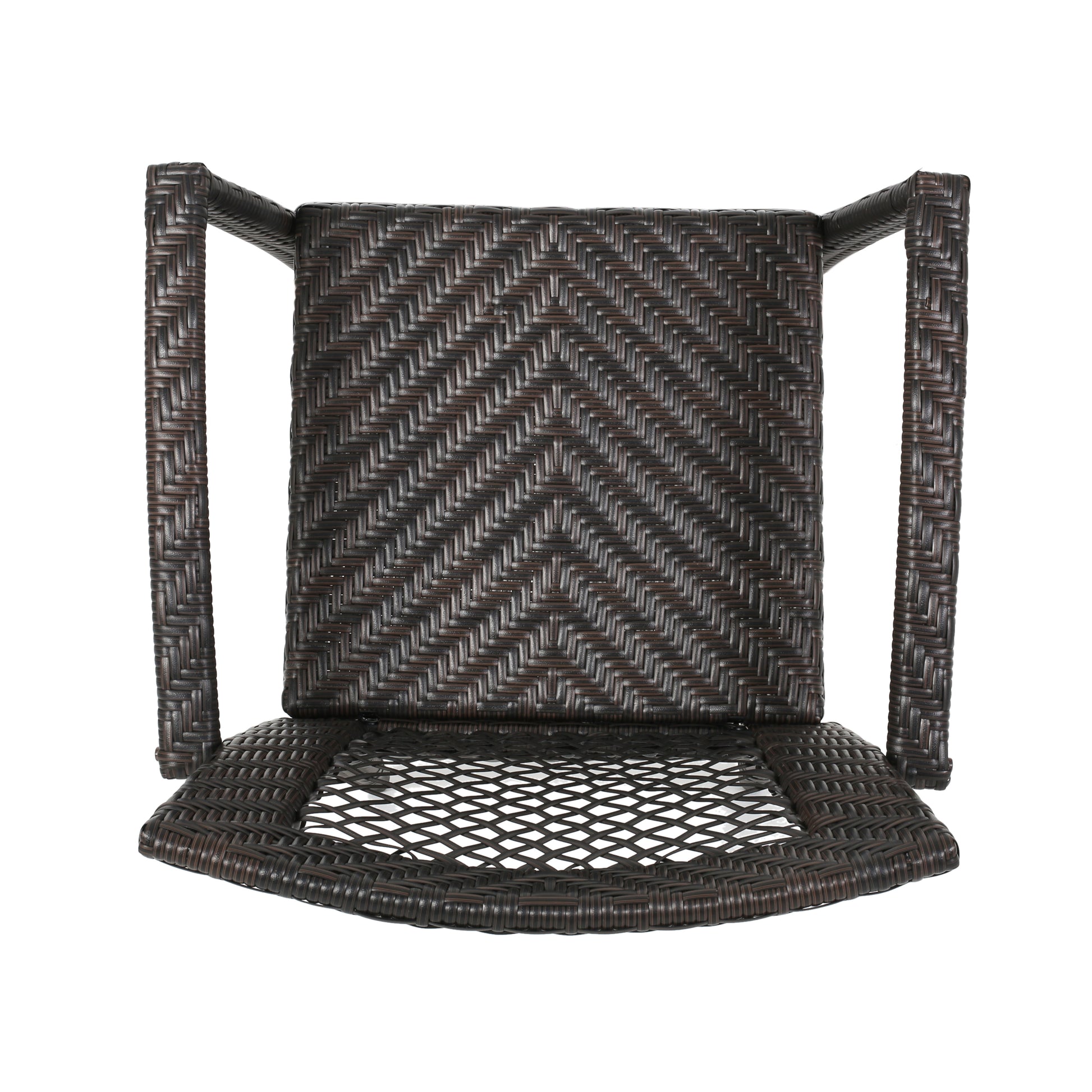 Dark brown woven wicker chair seat and back with arms
