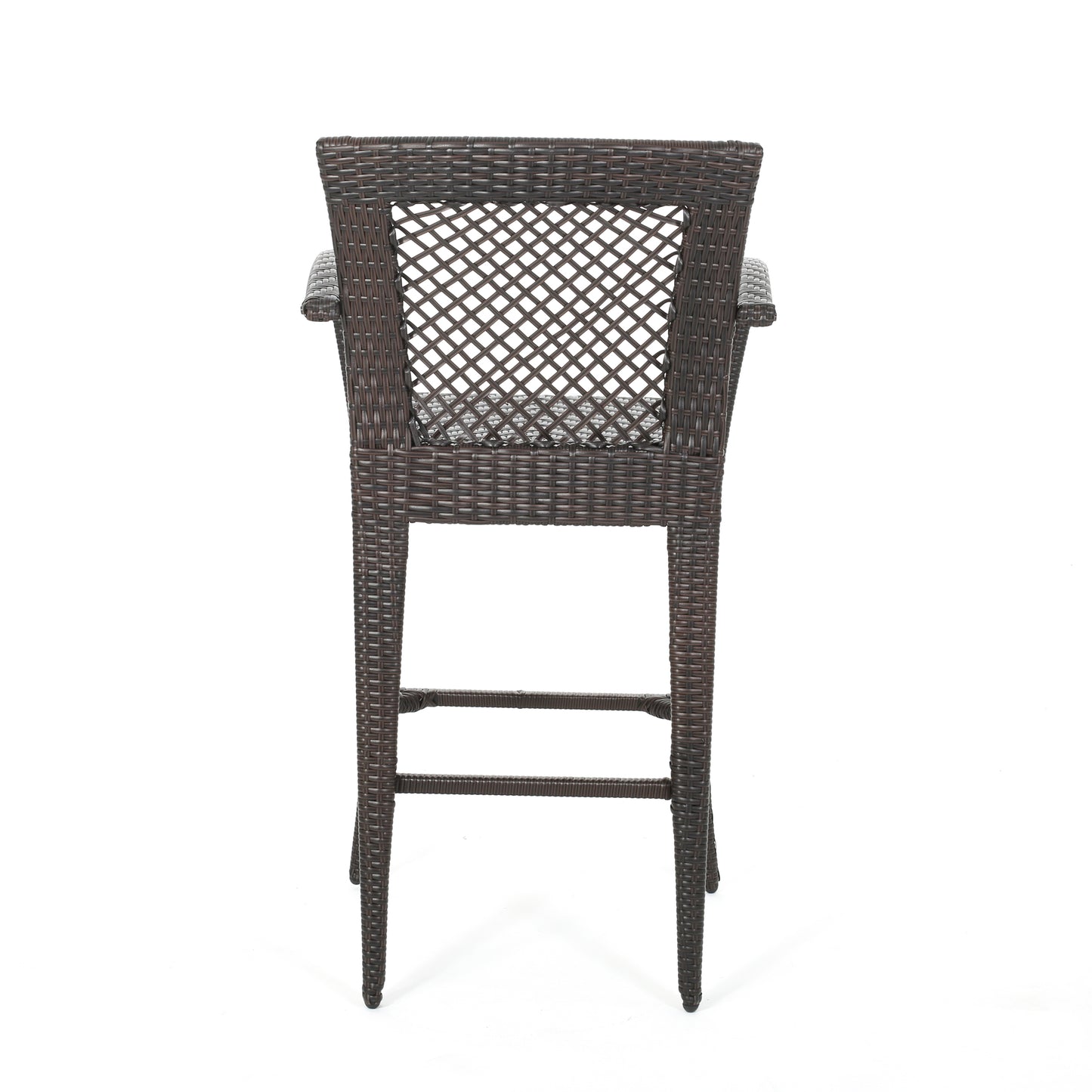 Dark brown wicker bar stool with woven crisscross back detail perfect for kitchen island