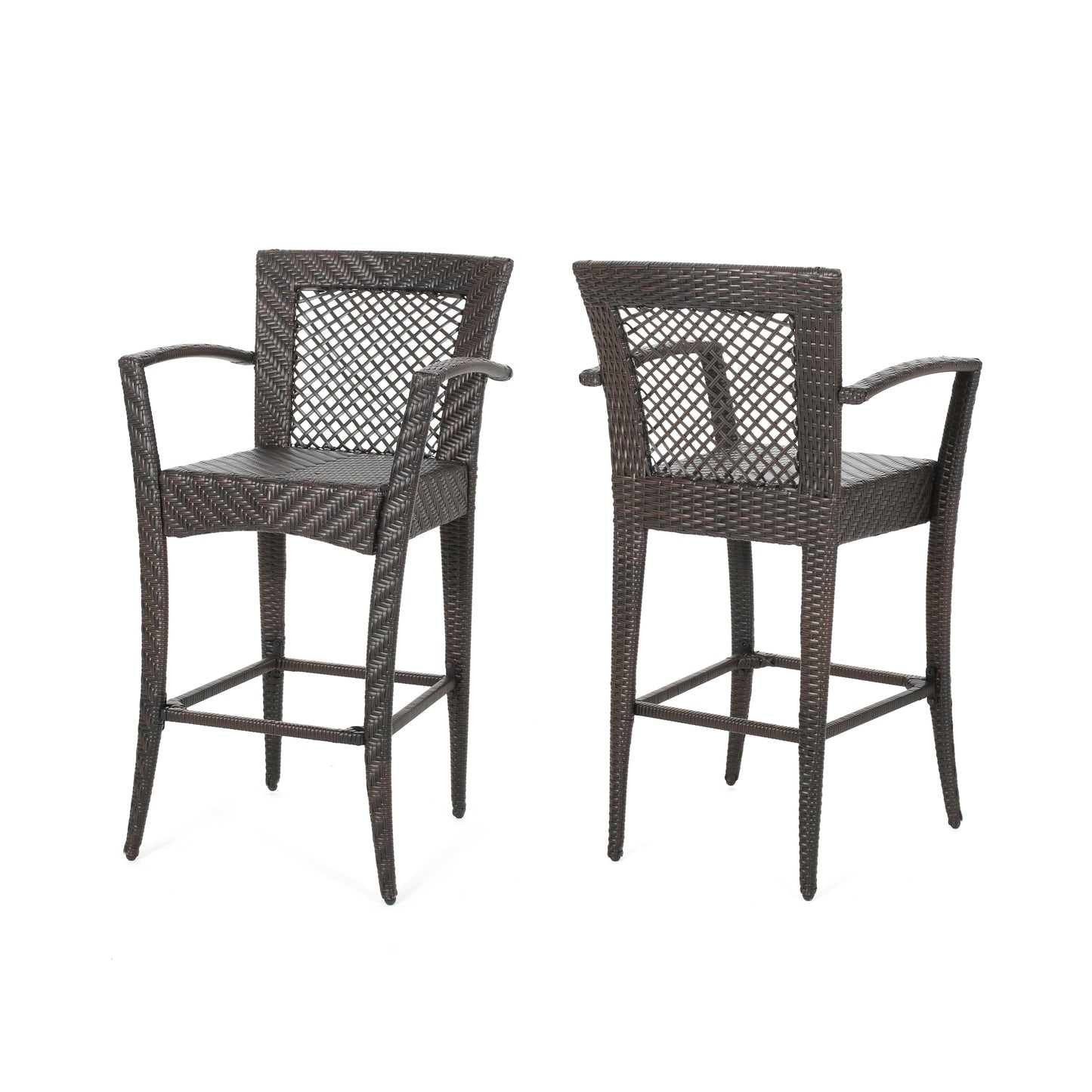 Dark brown wicker bar stool with diamond weave back and arms