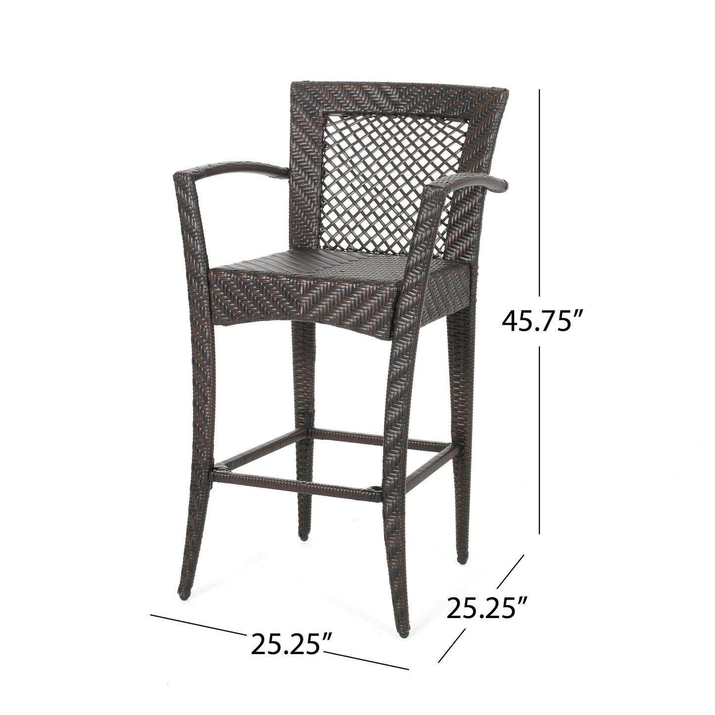 Dark brown wicker bar stool with arms and woven diamond pattern seat