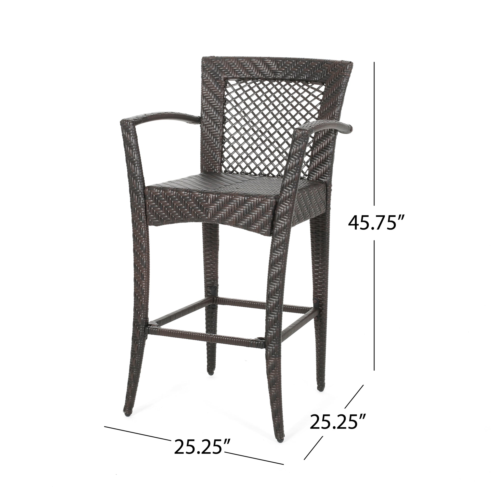 Dark brown wicker bar stool with arms and woven diamond pattern seat