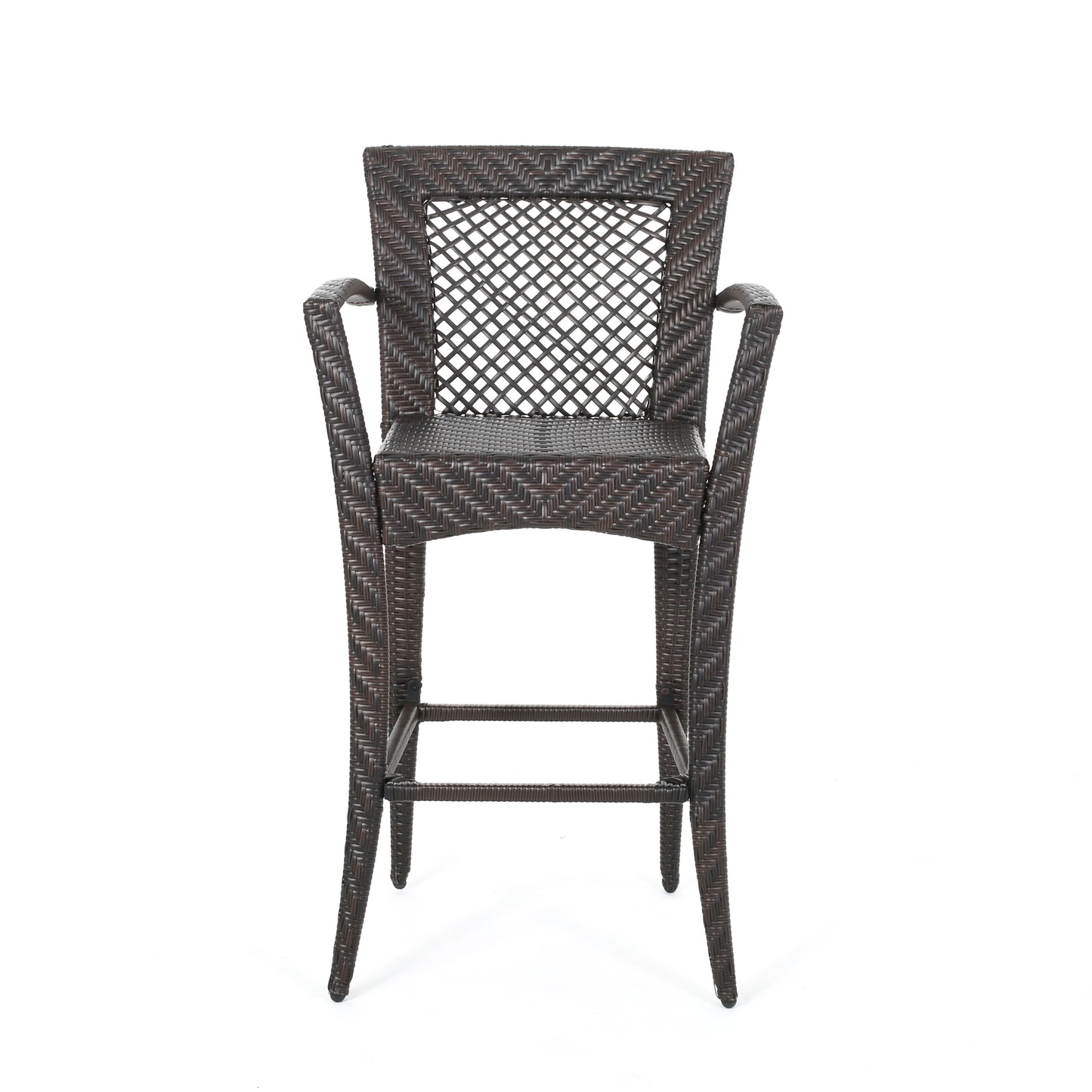 Brown wicker bar stool with diamond pattern back and arms