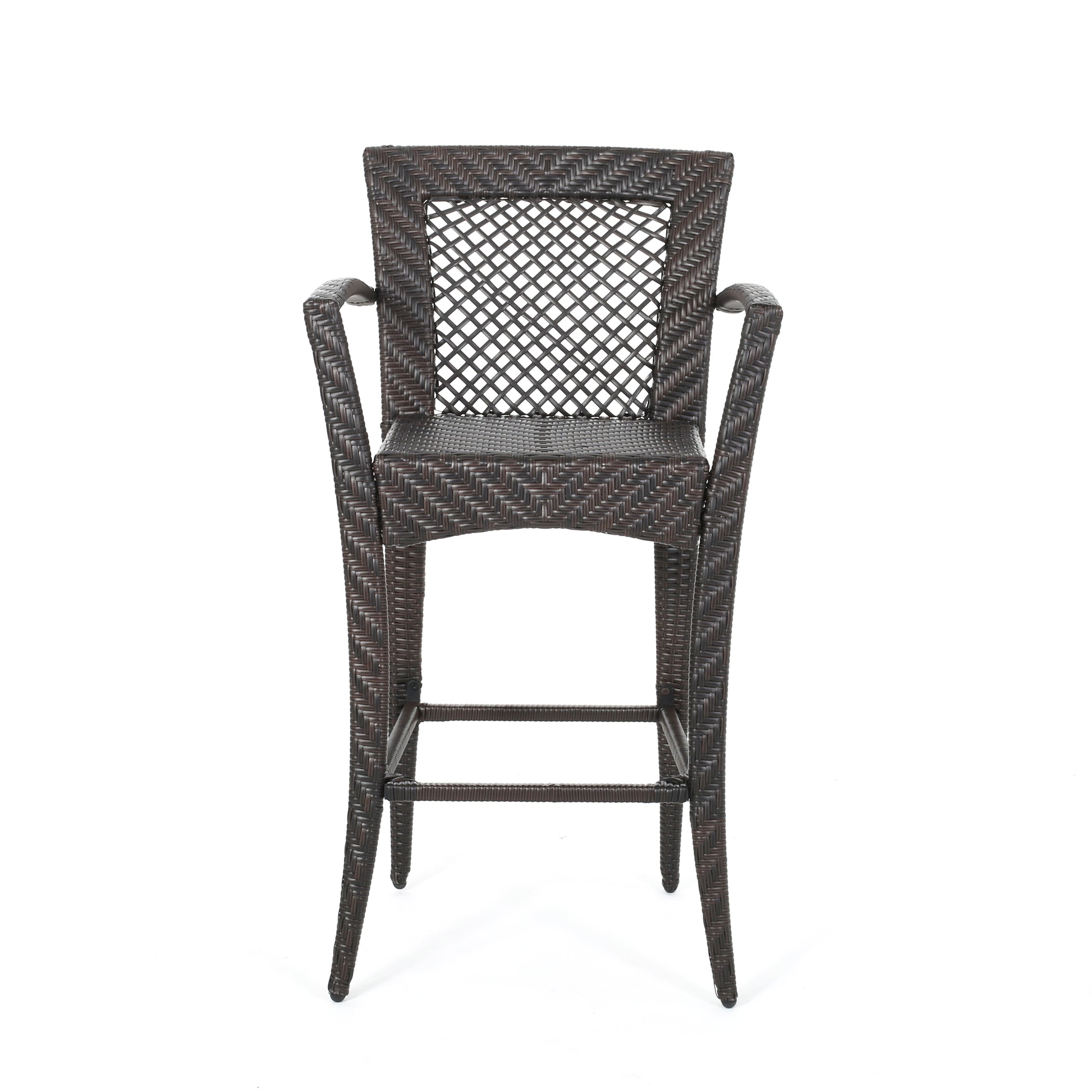 Brown wicker bar stool with diamond pattern back and arms