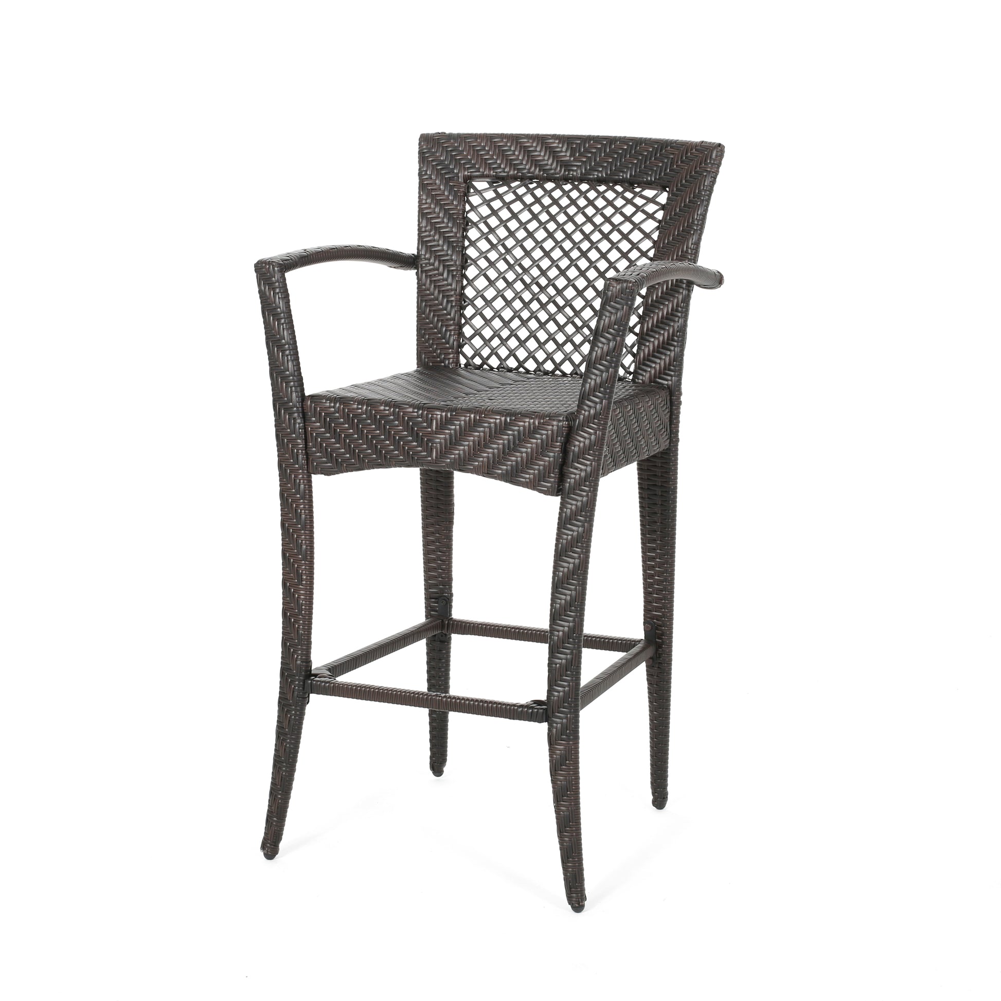 Dark brown wicker bar stool with woven back and seat for outdoor use