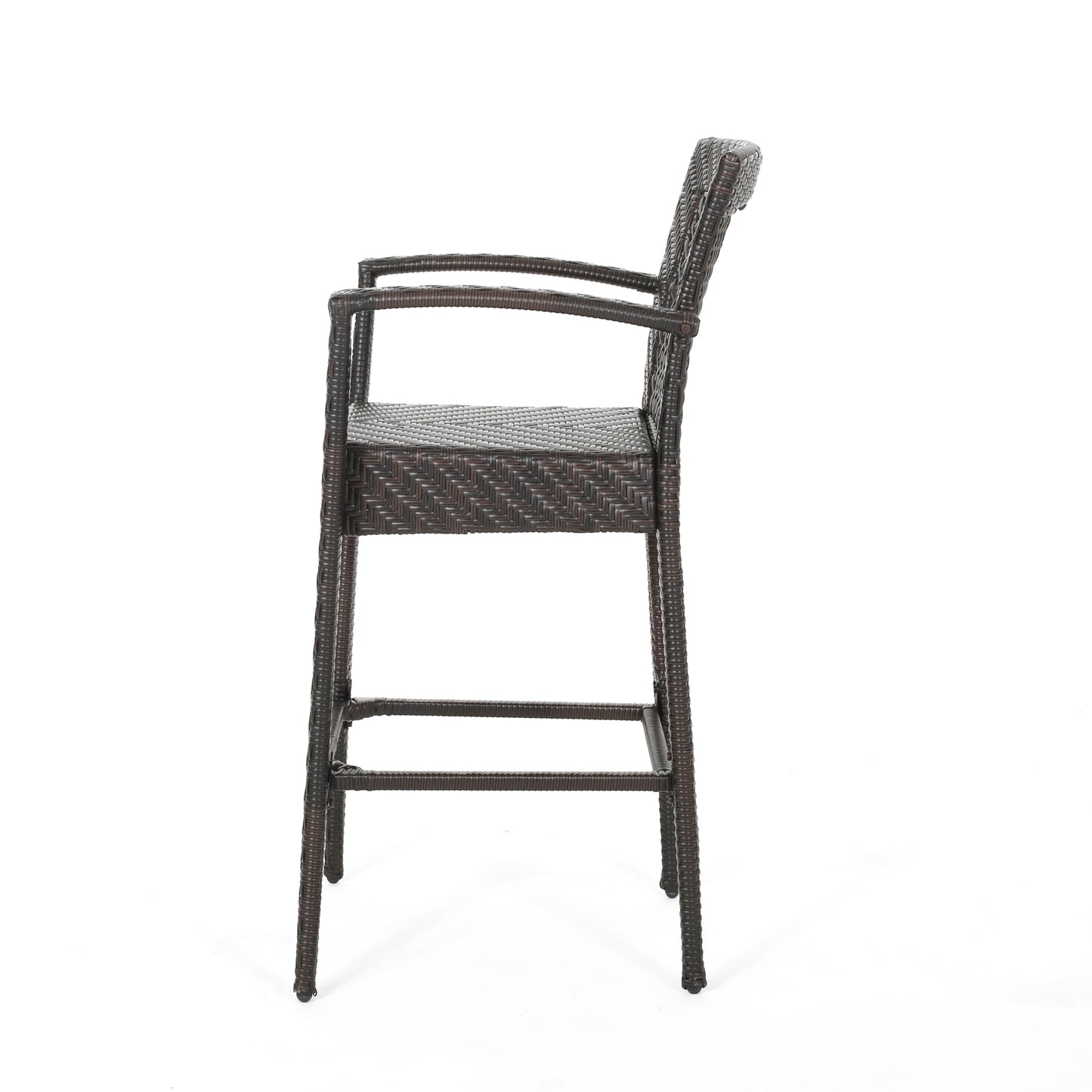 Dark brown rattan bar stool with armrests and a footrest