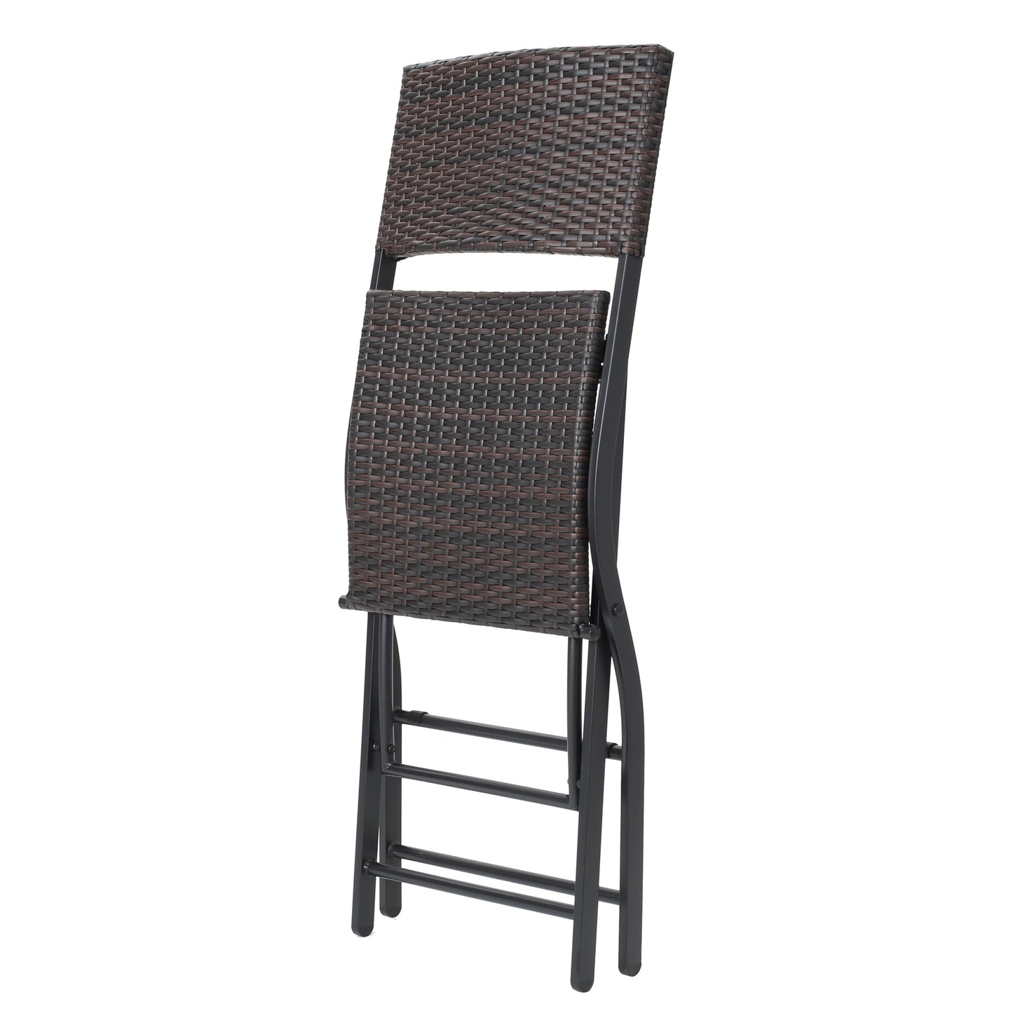 Folded brown wicker chair with black metal frame ideal for patio use
