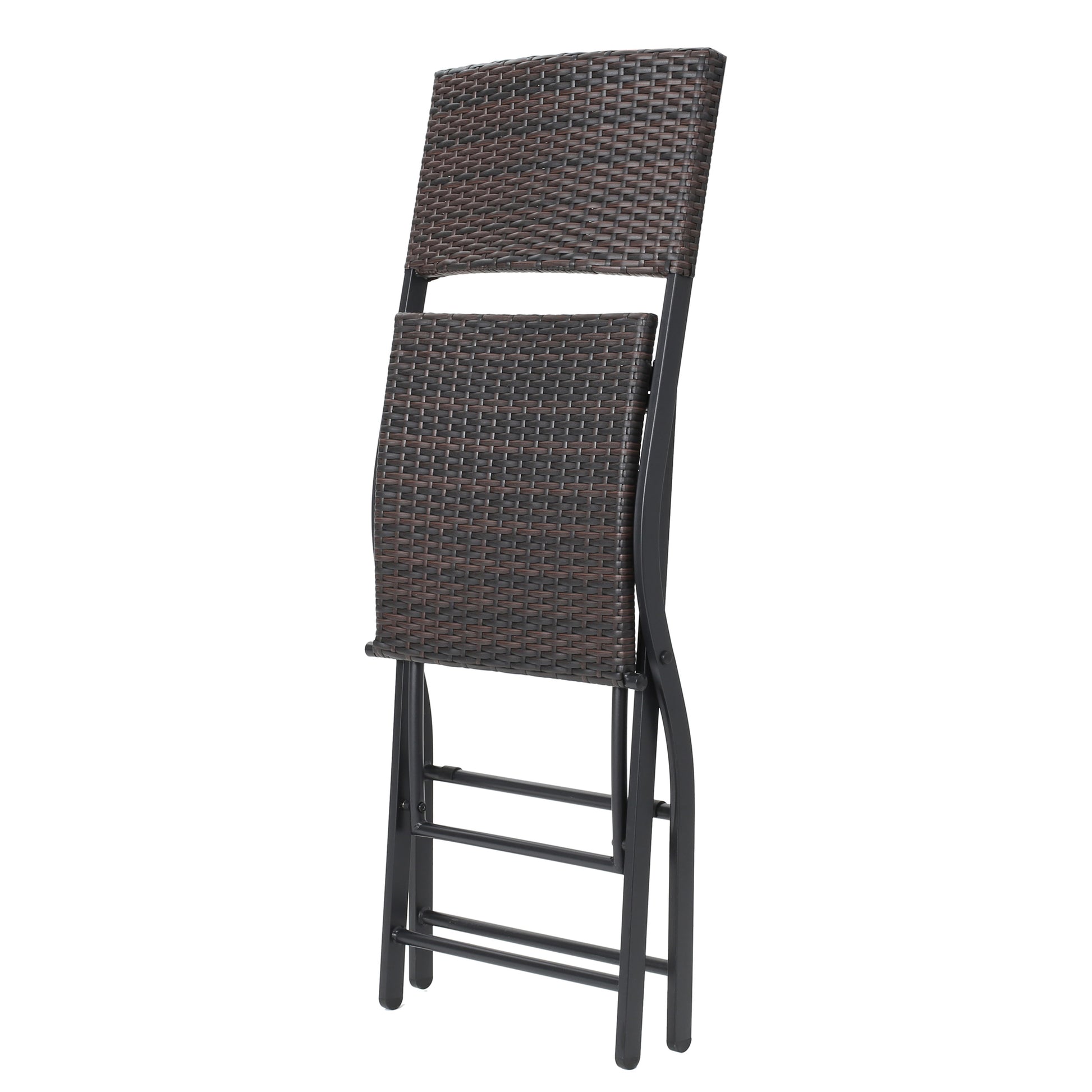 Folded brown wicker chair with black metal frame ideal for patio use