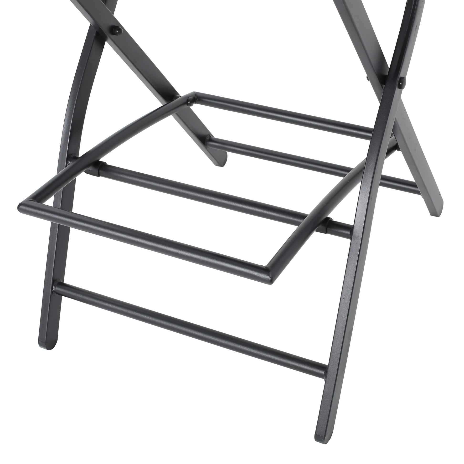 Black metal folding chair base with Xshaped legs and horizontal supports