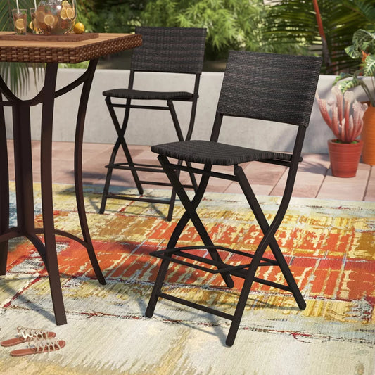 Dark wicker bar stool with black metal frame for outdoor patio use
