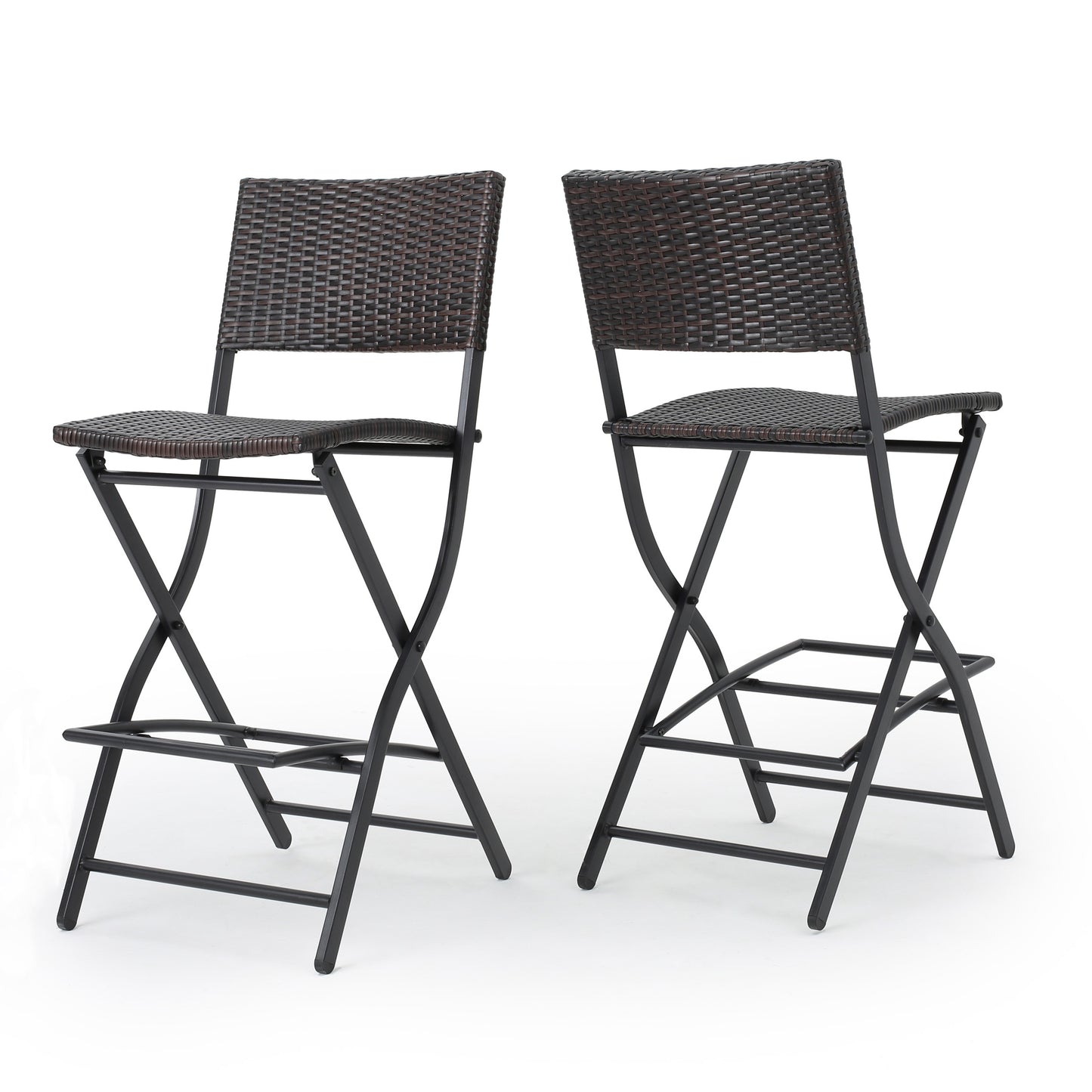 Dark brown wicker bar stool with black metal frame perfect for outdoor seating