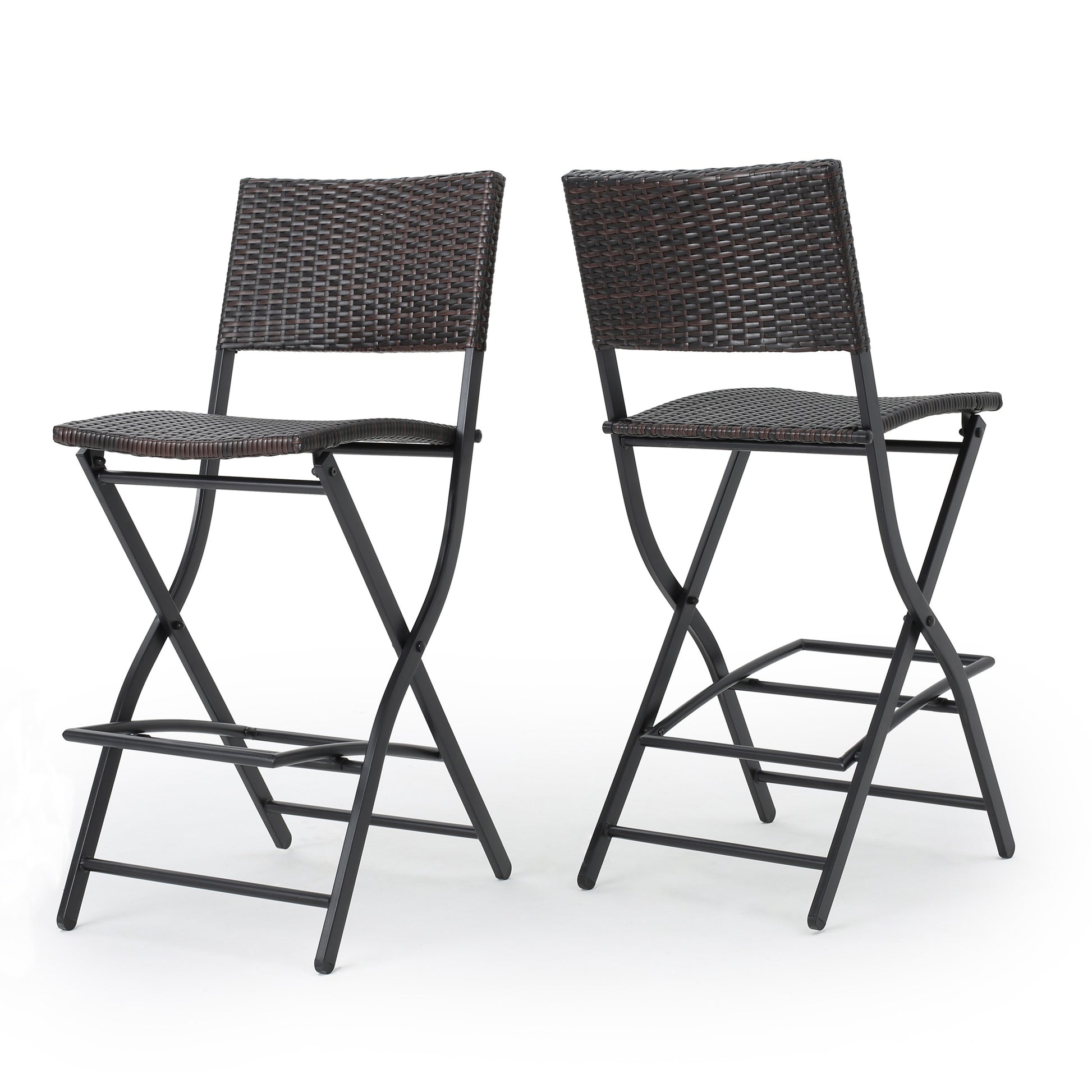 Dark brown wicker bar stool with black metal frame perfect for outdoor seating
