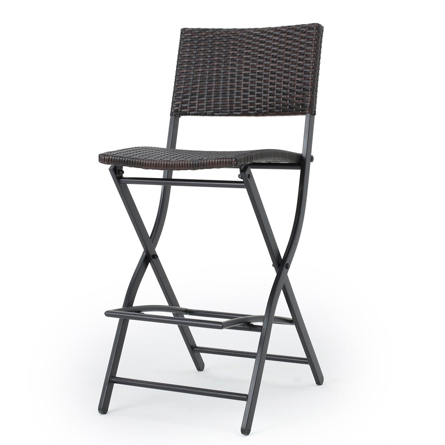 Dark brown wicker folding bar stool with black metal frame