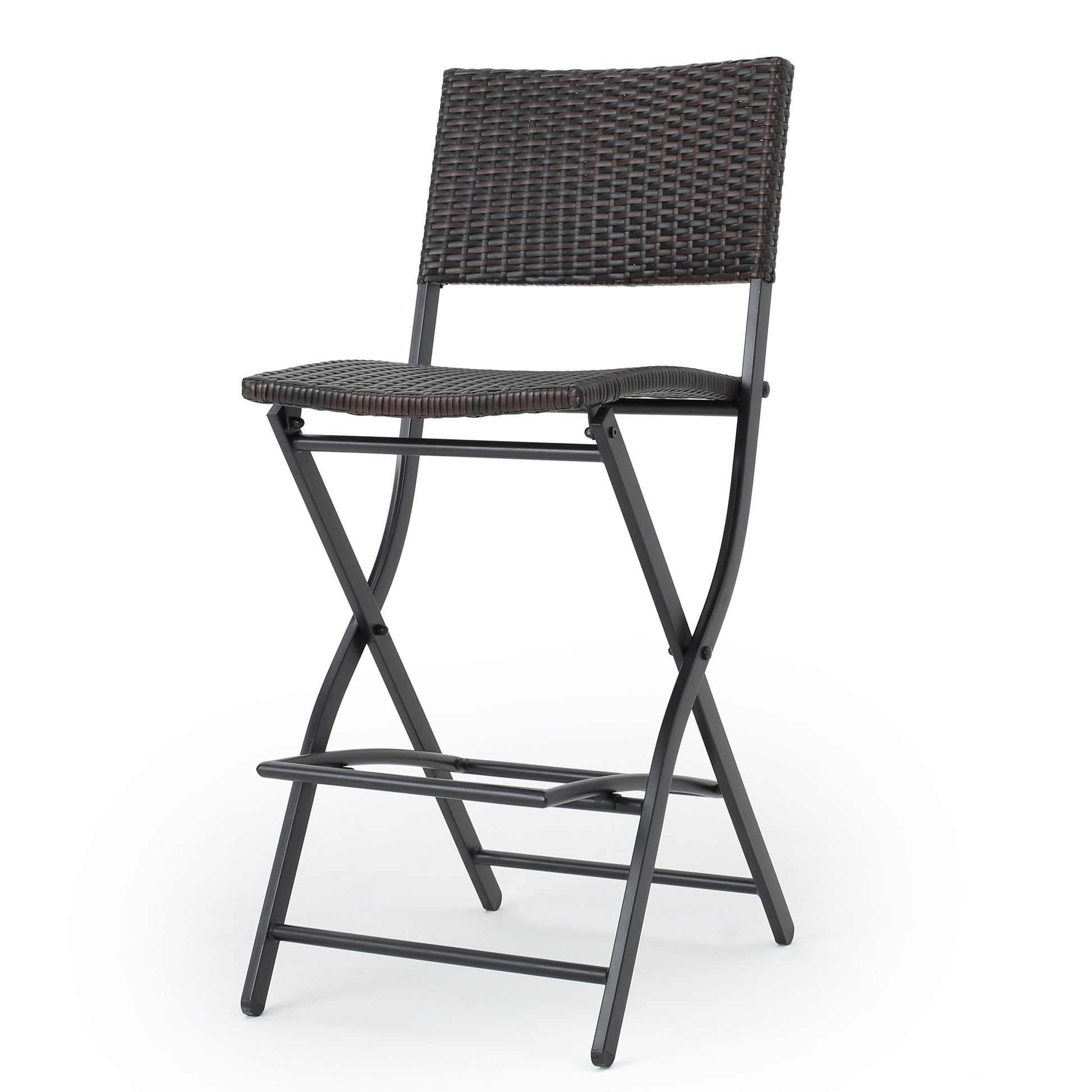 Dark brown wicker folding bar stool with black metal frame
