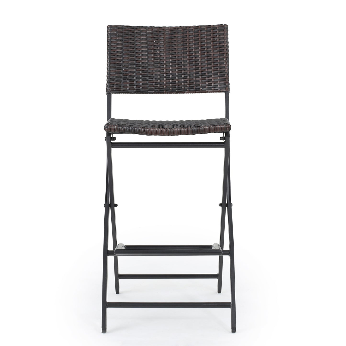 Dark brown rattan bar stool with black metal frame and footrest