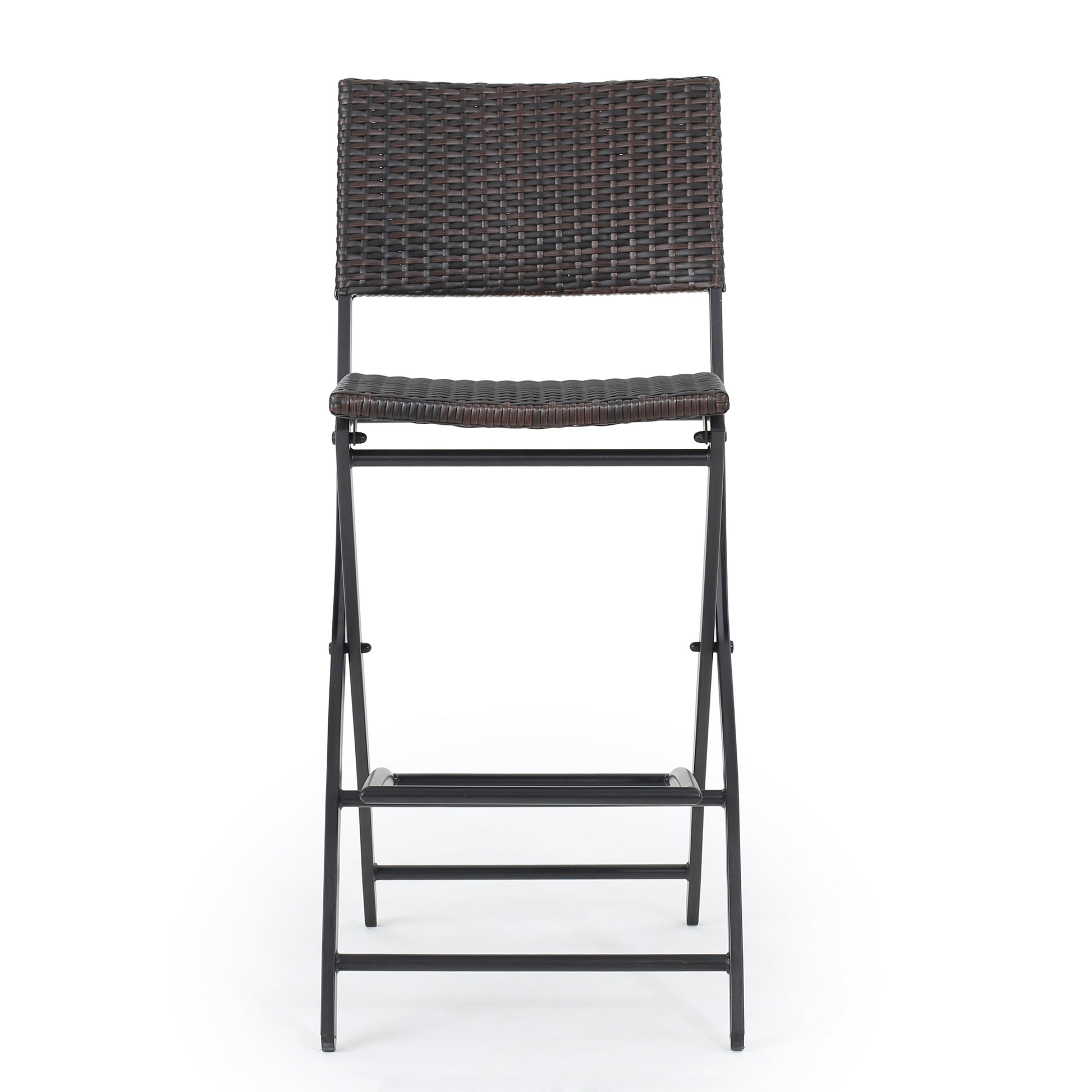 Dark brown rattan bar stool with black metal frame and footrest