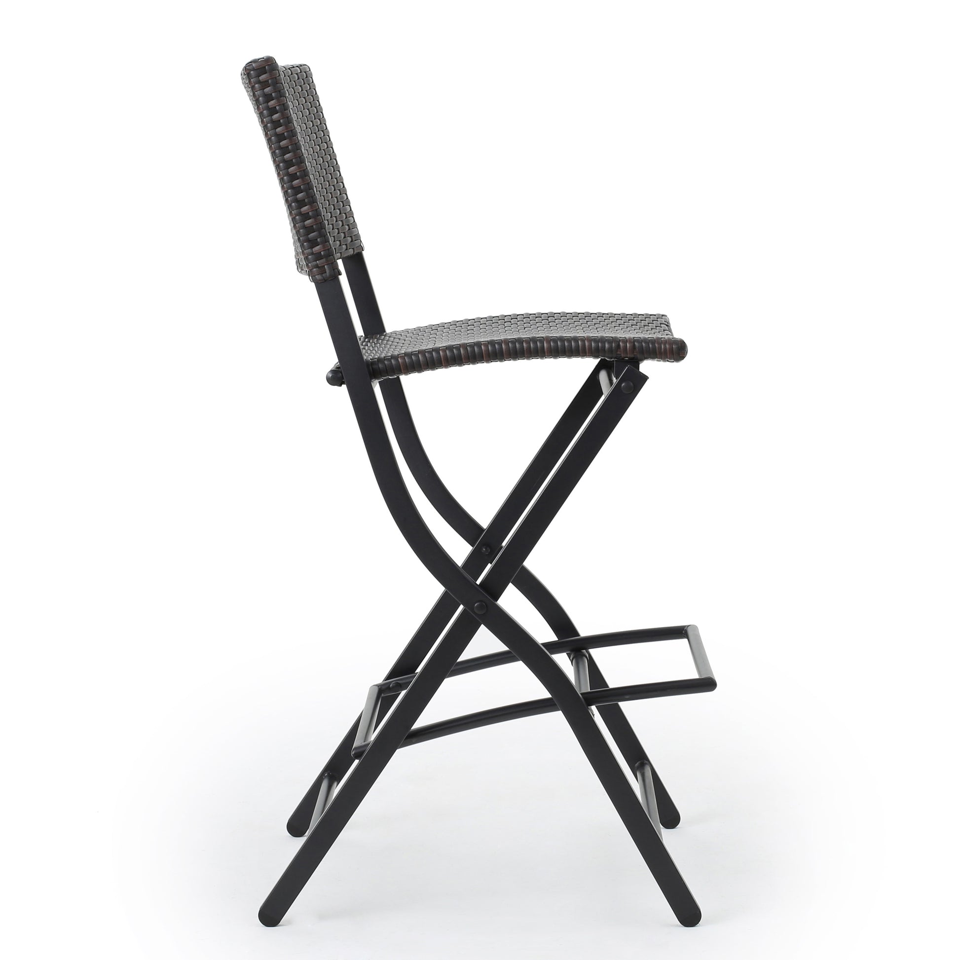 Dark brown wicker outdoor bar stool with black metal frame and footrest