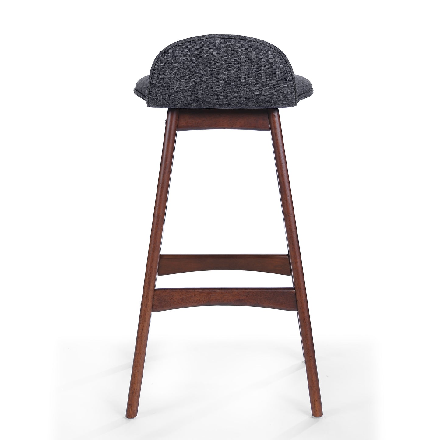 Dark grey upholstered bar stool with dark wood legs and curved seat