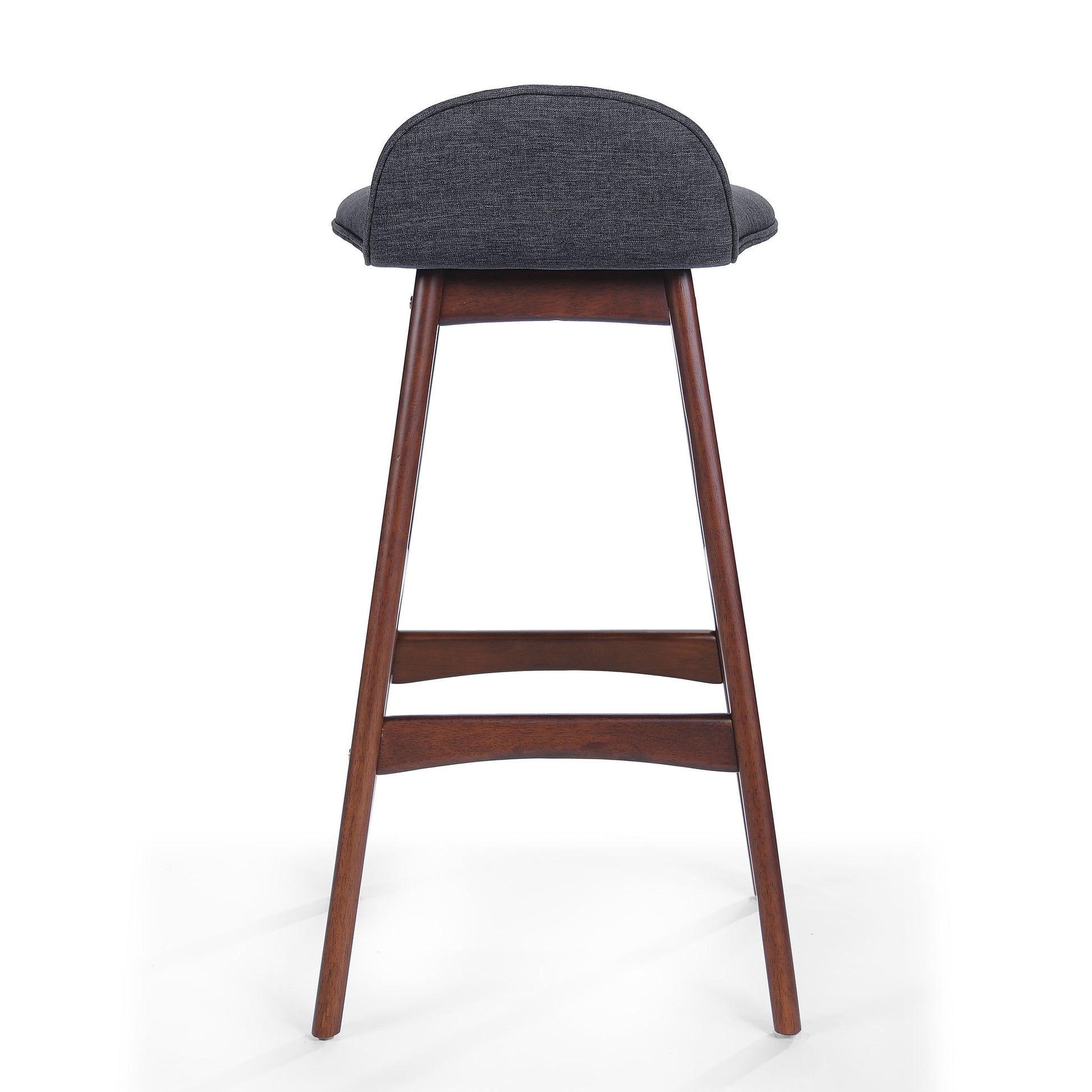 Dark grey upholstered bar stool with dark wood legs and curved seat