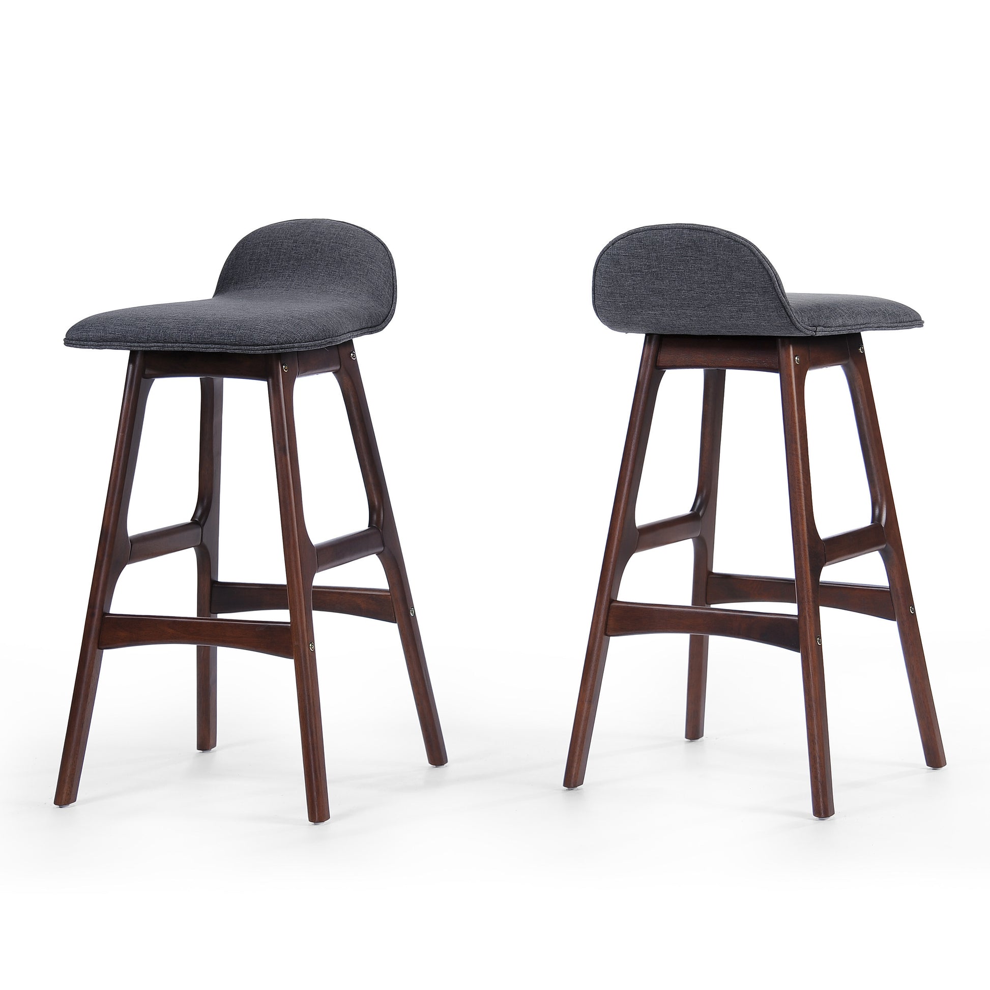 Gray upholstered modern bar stool with dark wood legs set of two