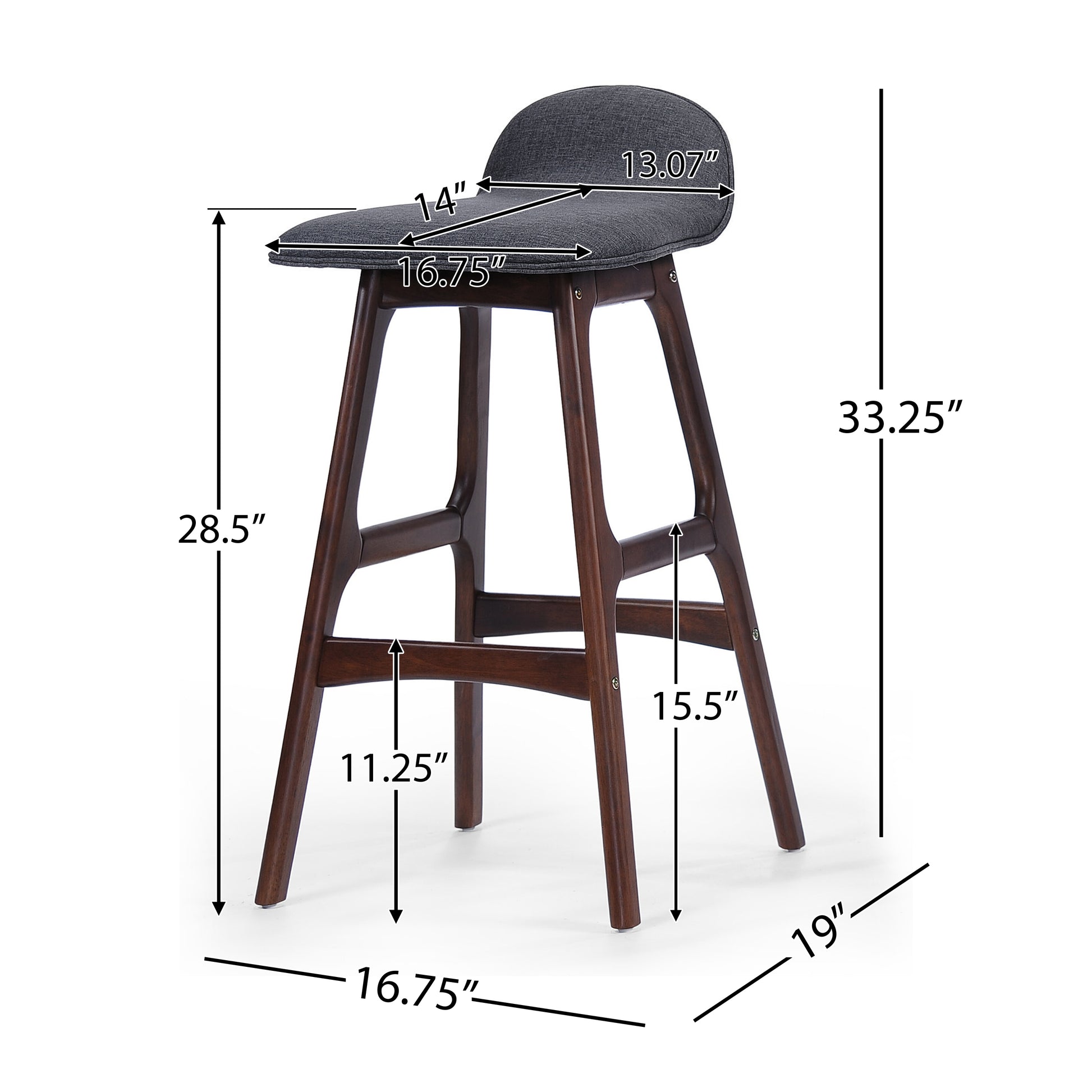 Dark grey upholstered bar stool with walnut wood legs and a curved backrest