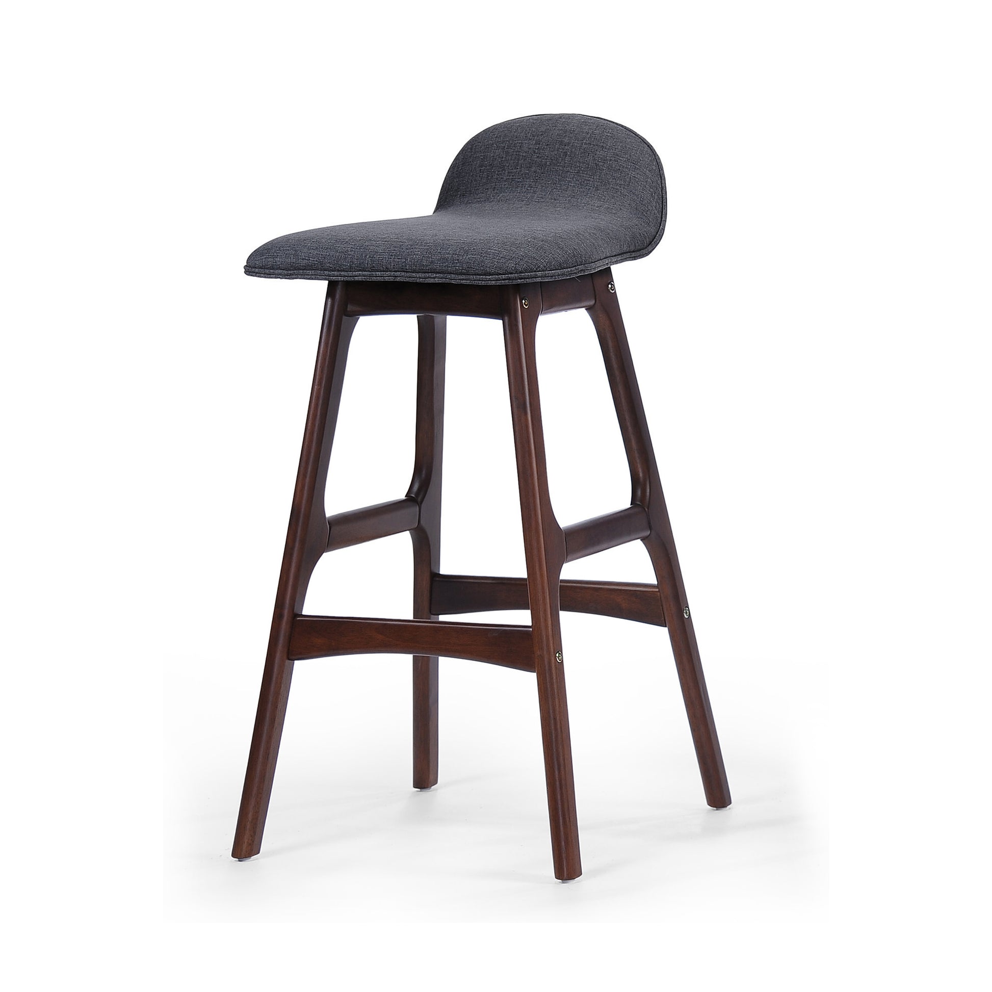 Modern dark grey upholstered bar stool with dark wood legs and curved backrest