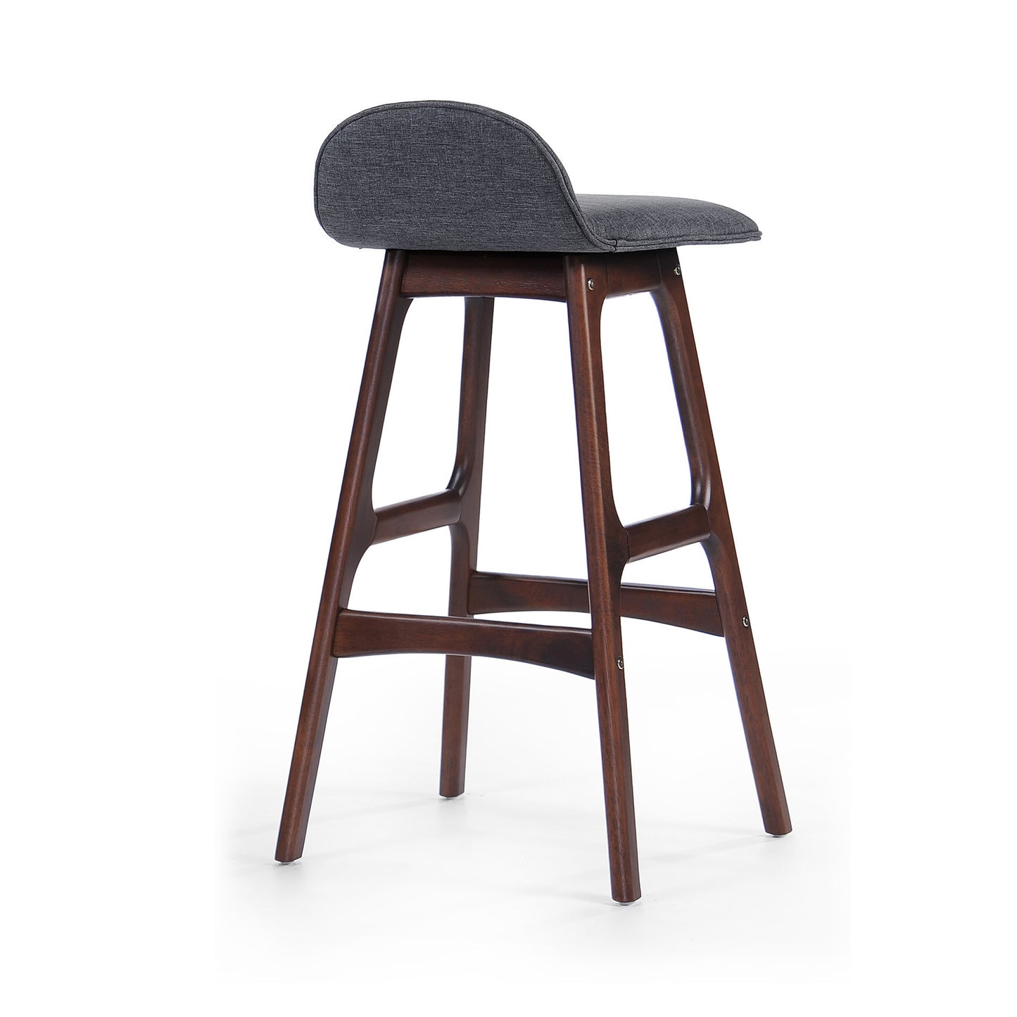 Dark grey upholstered bar stool with curved backrest and dark wood legs on white background