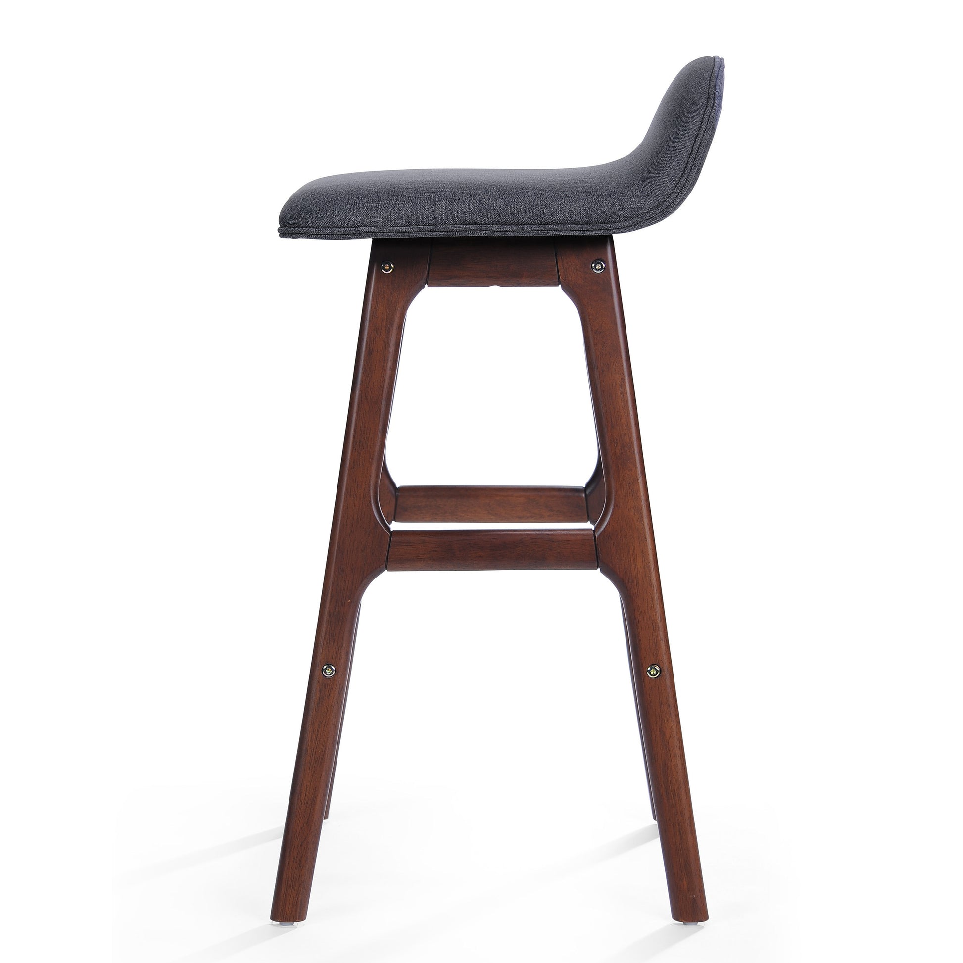 Dark grey upholstered midcentury modern bar stool with wooden legs