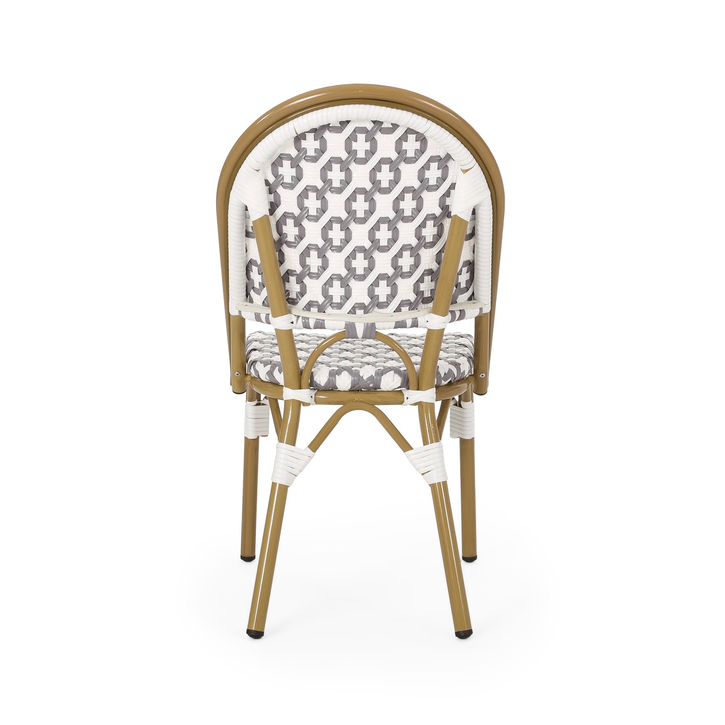 Bistro chair with white and grey geometric pattern rattan back and seat gold frame