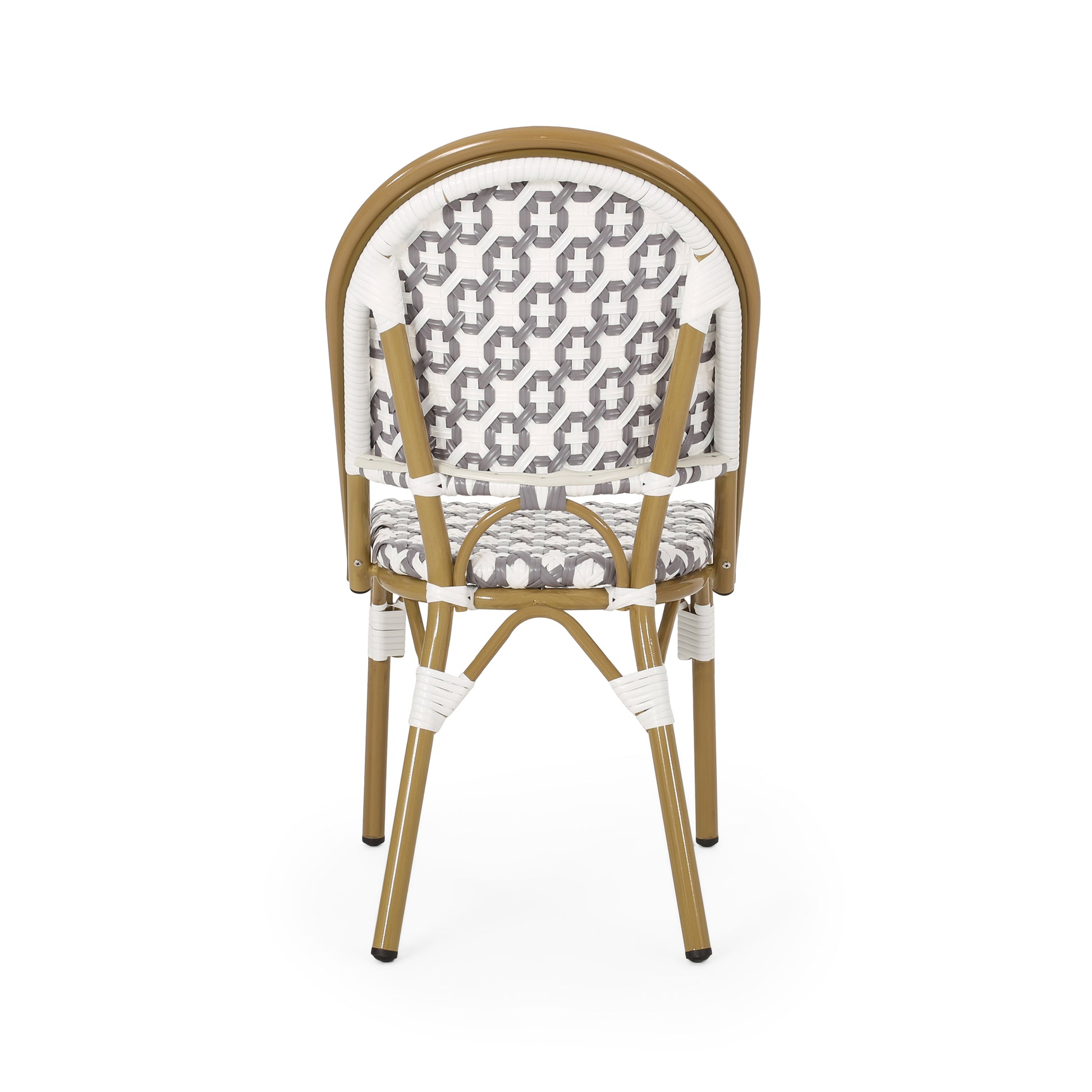 Bistro chair with white and grey geometric pattern rattan back and seat gold frame