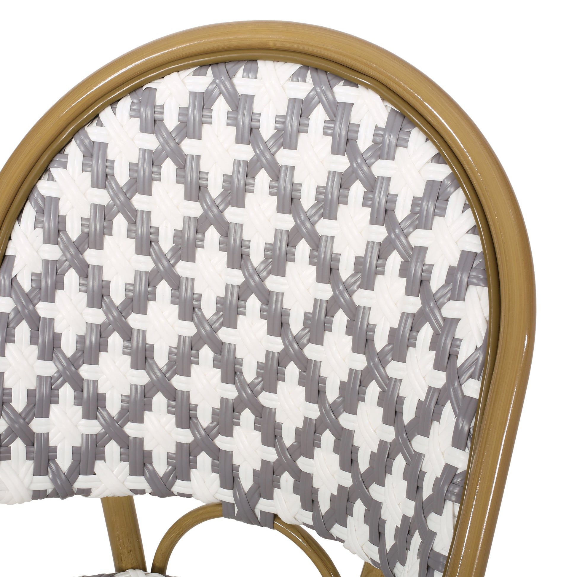 Round back patio chair with grey and white woven rattan seat gold frame