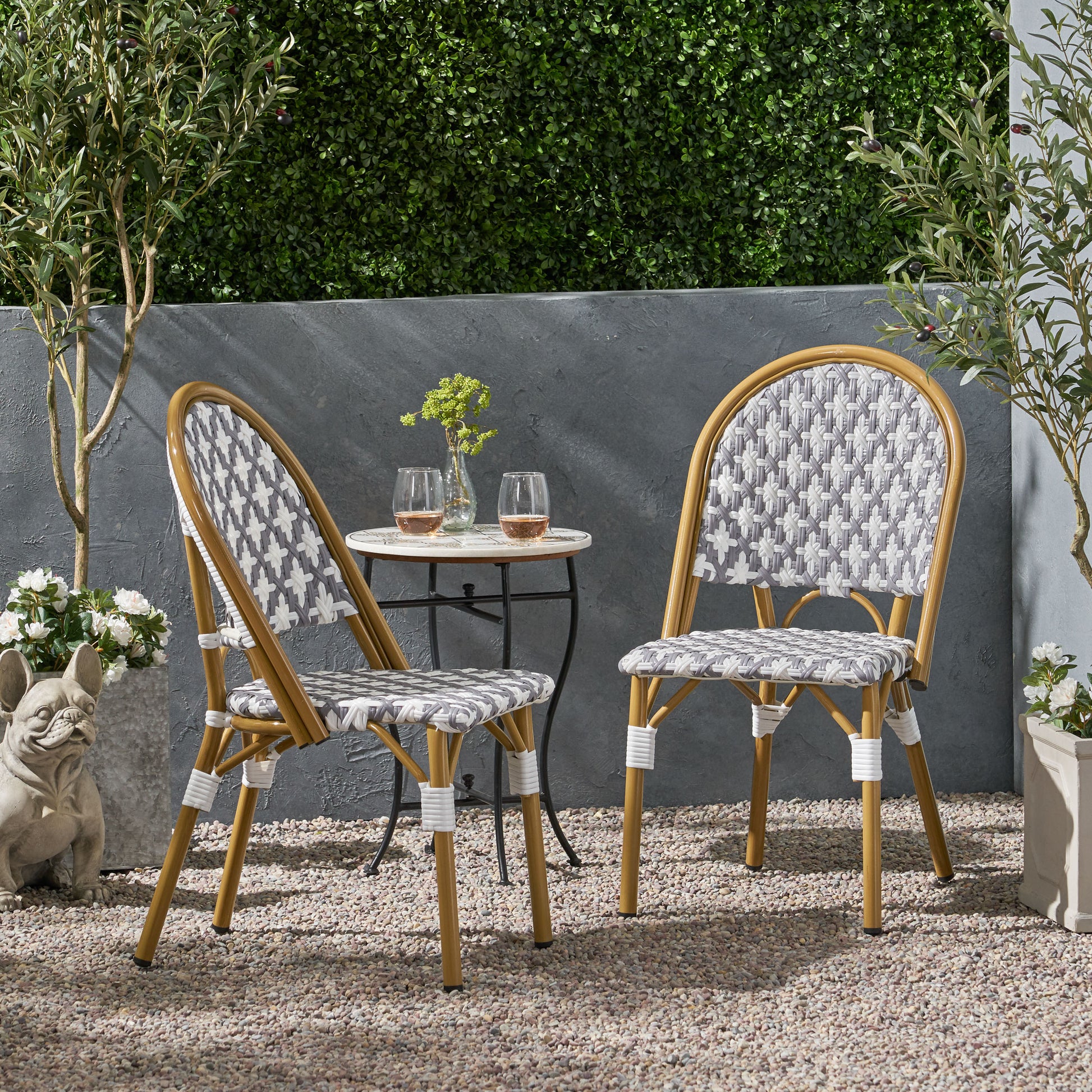 Classic bistro chair with rattan weave seat and back in grey and white pattern