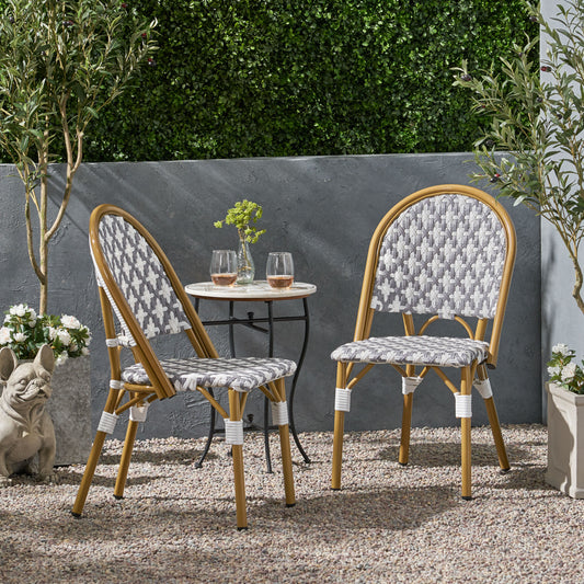 Classic bistro chair with rattan weave seat and back in grey and white pattern