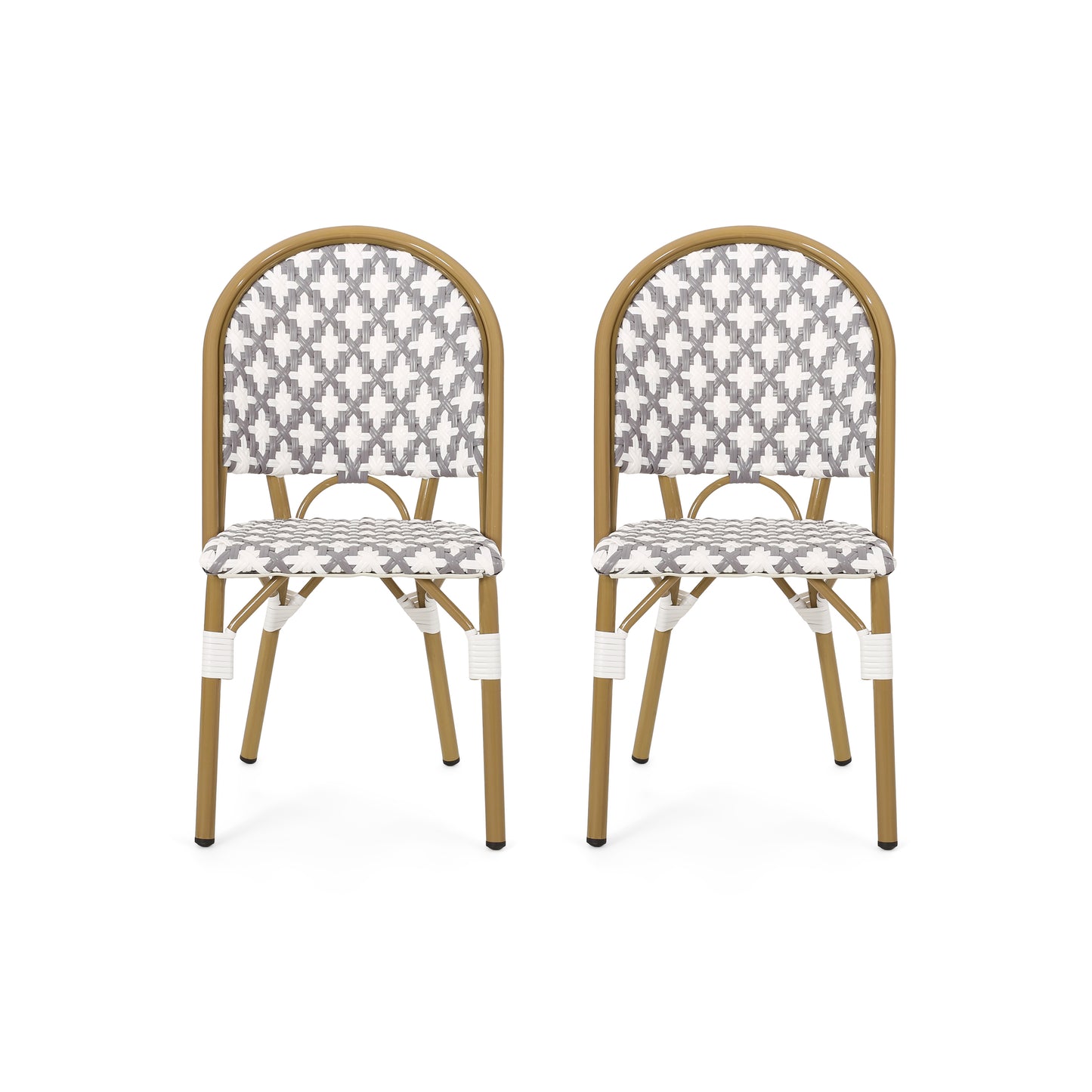 Two classic bistro chairs with gold frames and greywhite woven seats and backs