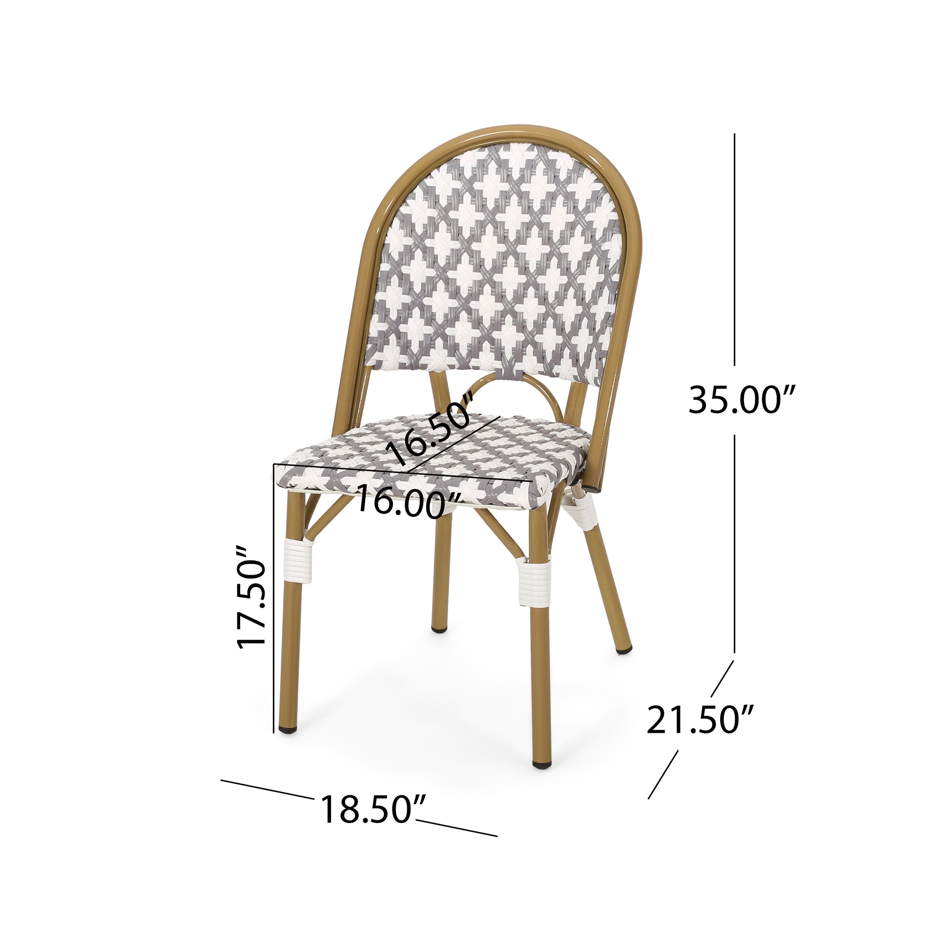 Gold metal bistro chair with white and grey woven seat and back