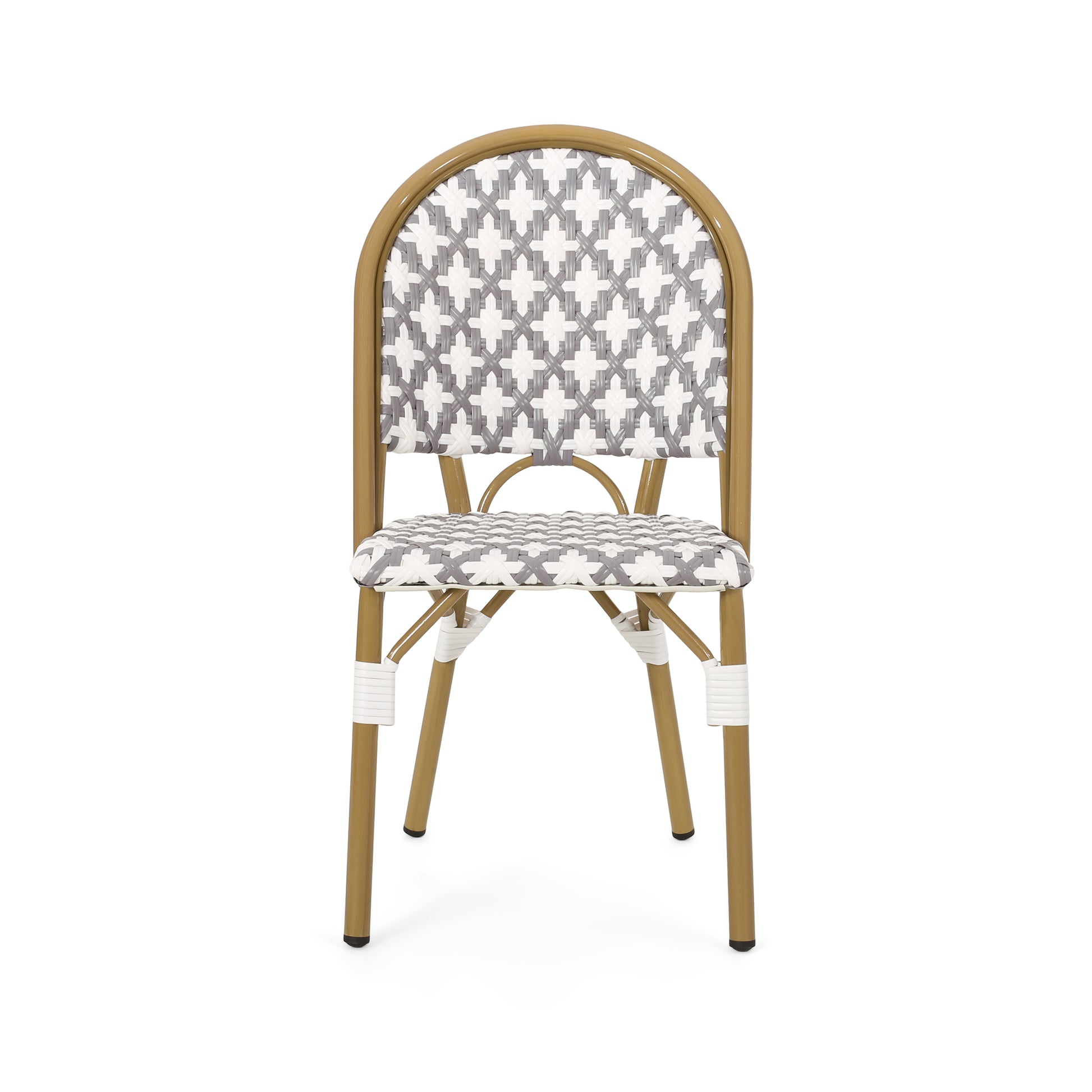Outdoor bistro chair with woven gray and white seat and back on a gold metal frame