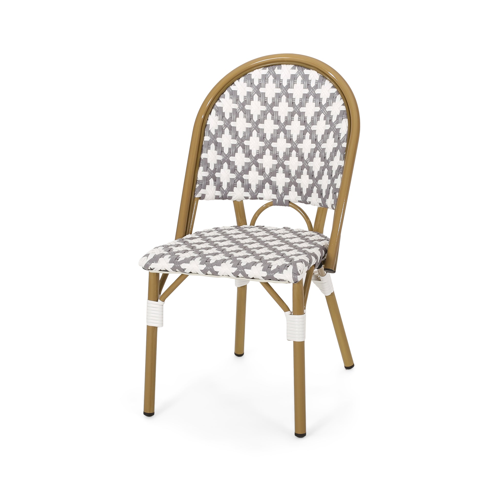 Goldframe bistro chair with grey and white diamond pattern woven seat and back