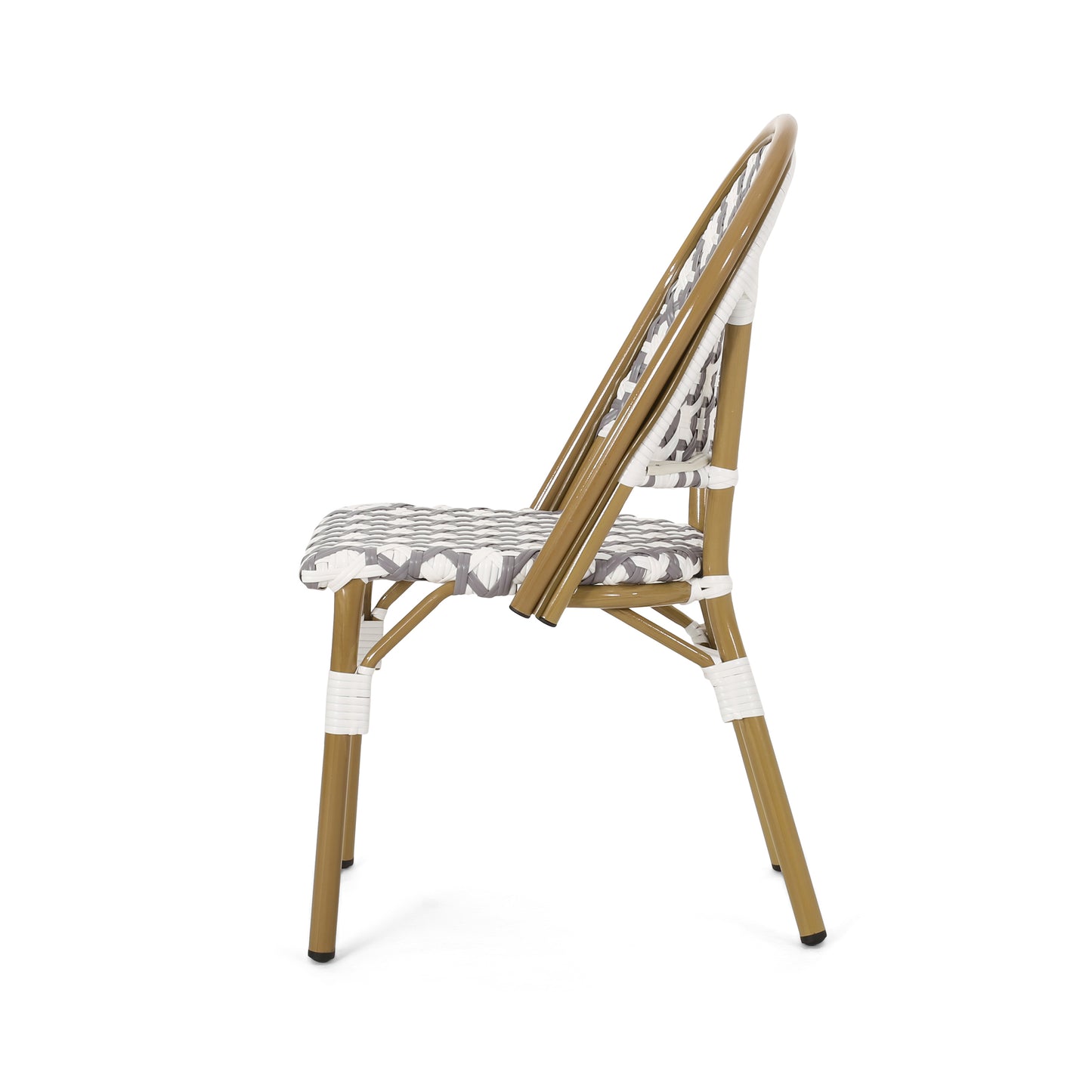Tan rattan outdoor chair with grey and white woven seat and back
