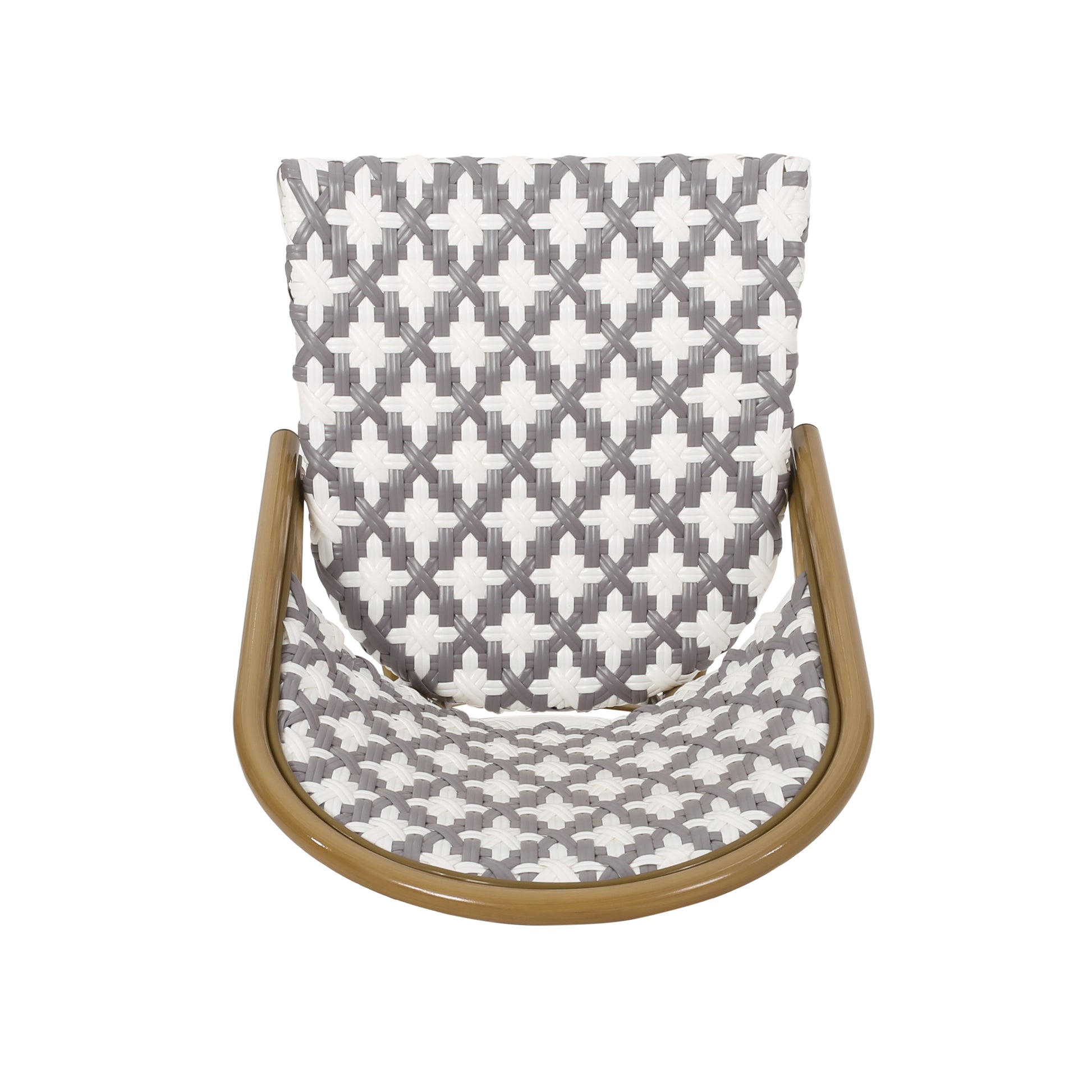 Grey and white woven outdoor chair with curved frame ideal for patio seating