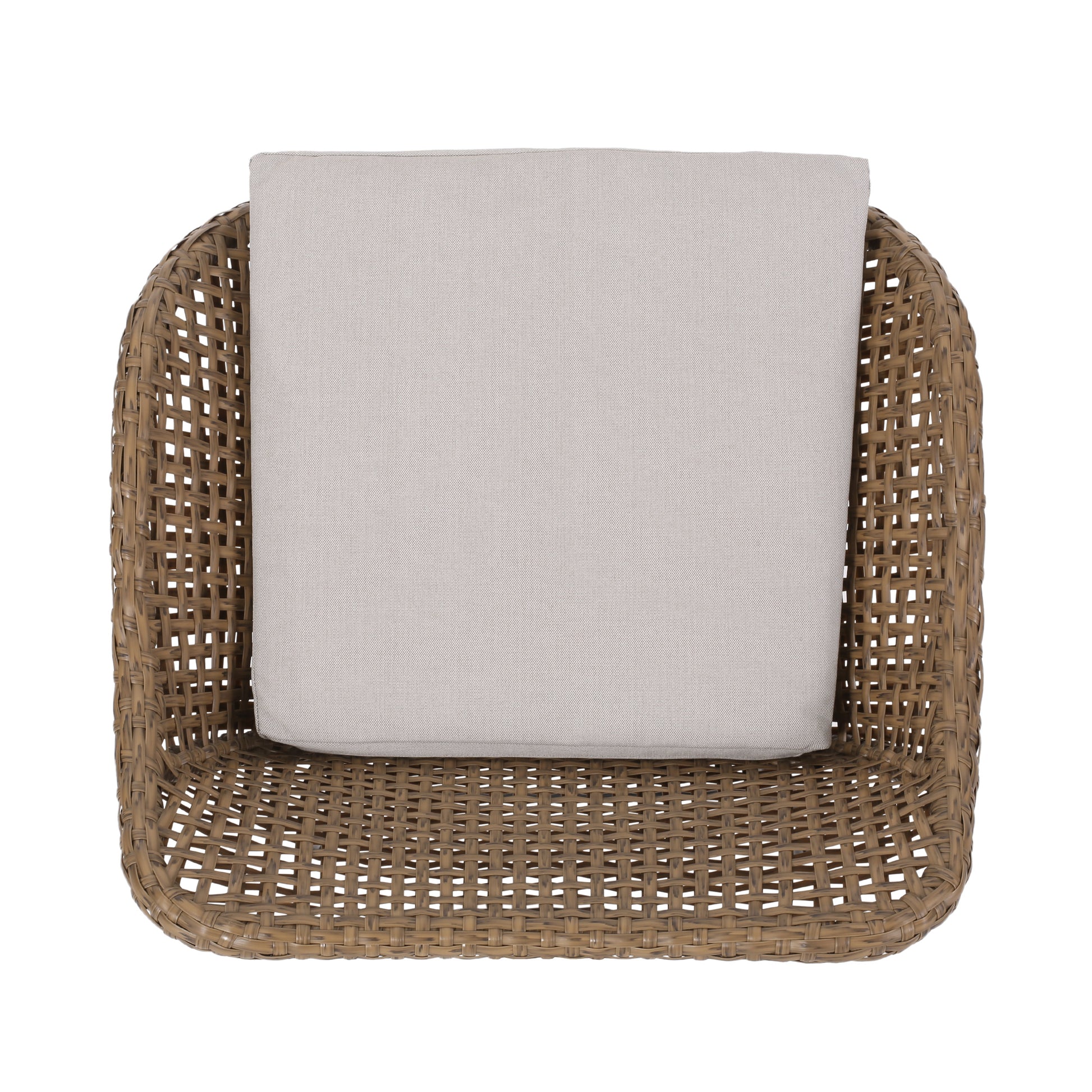 Woven rattan outdoor armchair with a plush light gray seat cushion