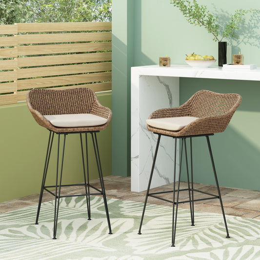 TREATLIFE HOME Outdoor Wicker and Iron Low Back Barstools with Beige Cushion, Set of 2, Light Brown