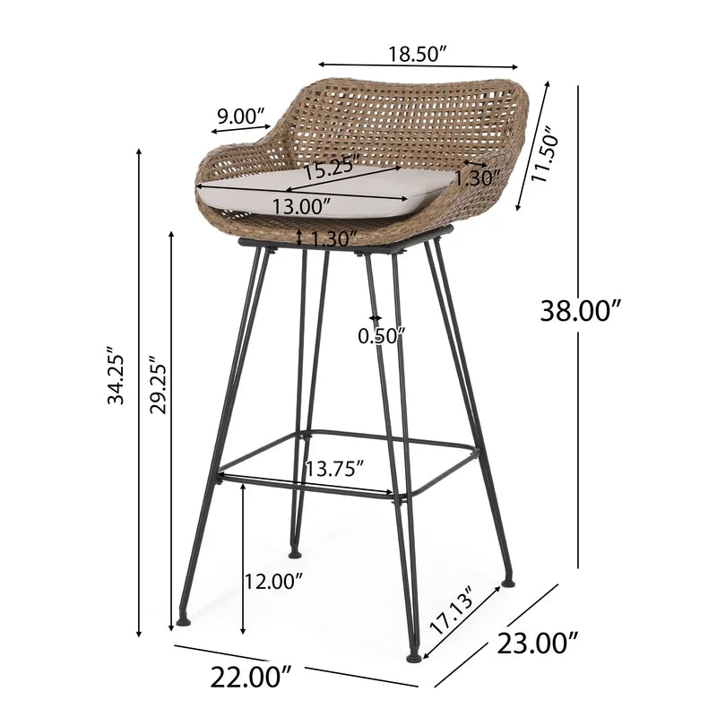 Wicker outdoor bar stool with beige cushion and black metal legs showing dimensions