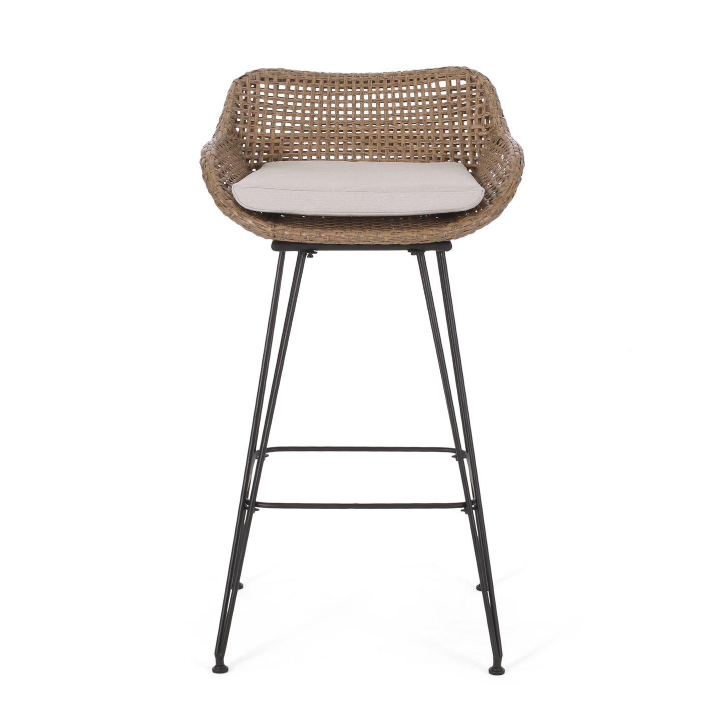 Woven rattan bar stool with beige cushion and black metal legs