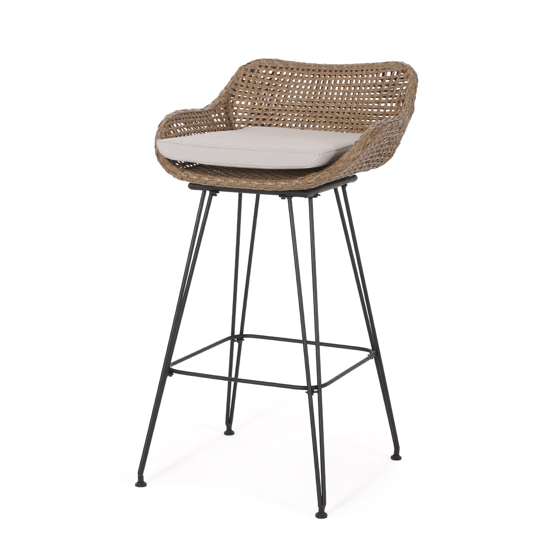 Swinging rattan bar stool with beige cushion and black metal hairpin legs