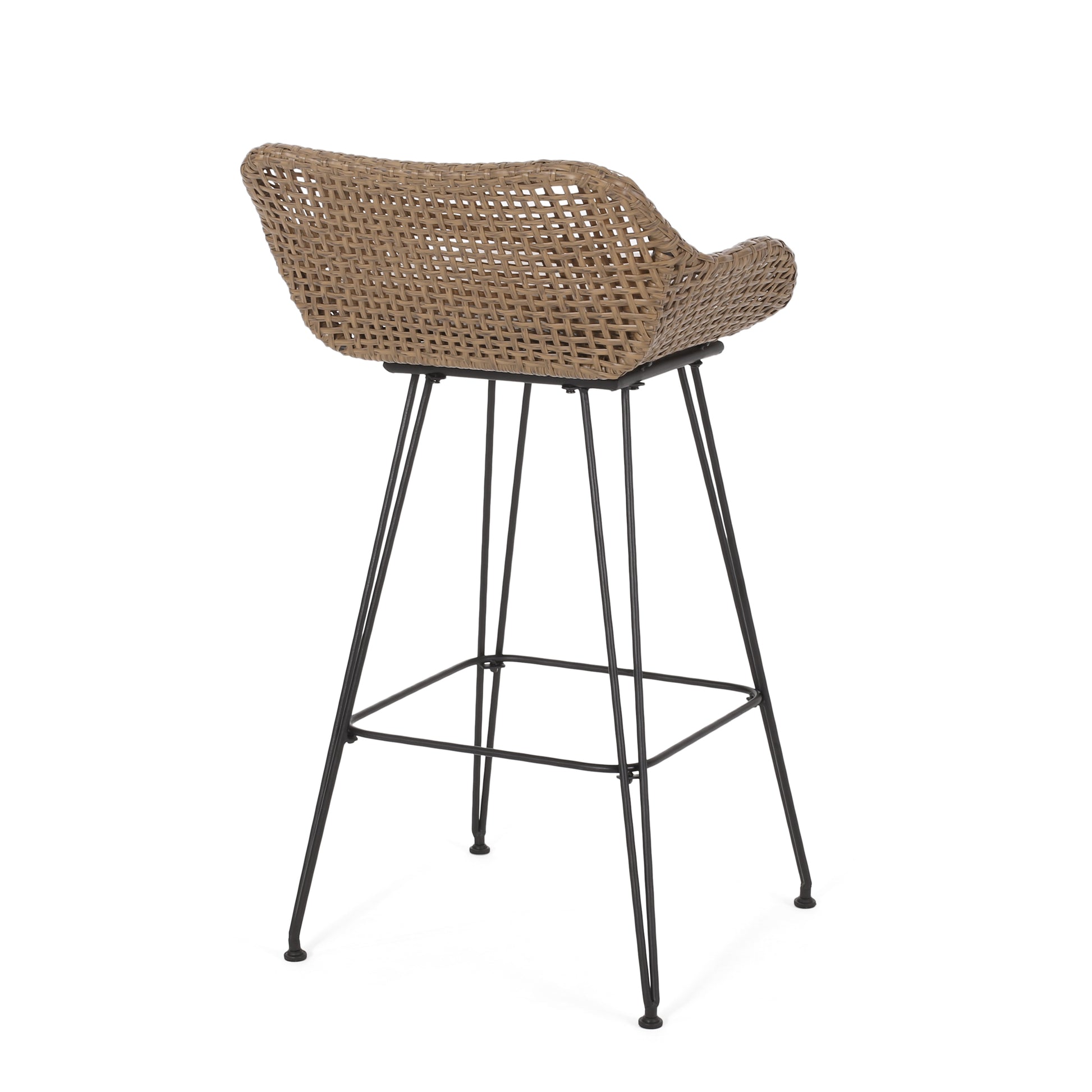 Tan woven bar stool with black hairpin legs and footrest