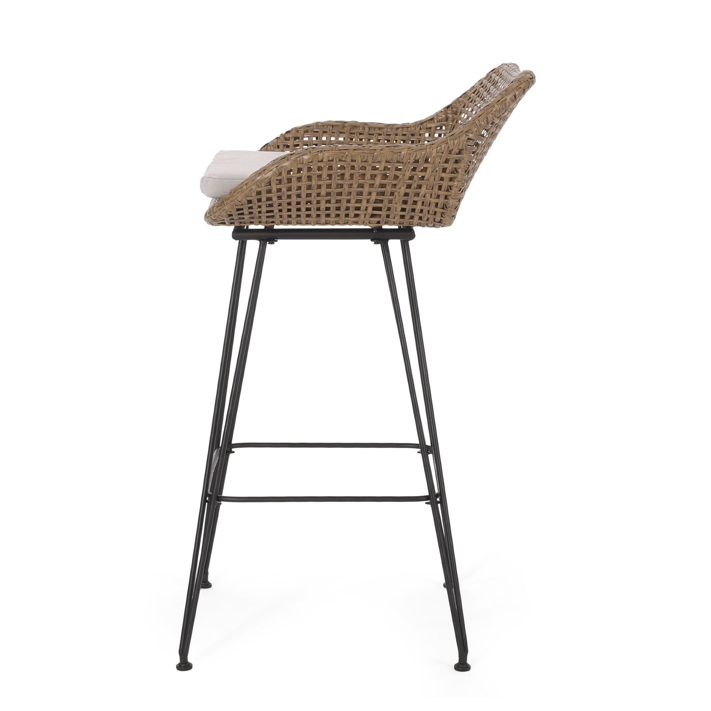 Woven rattan bar stool with beige cushion and black metal legs perfect for modern kitchens