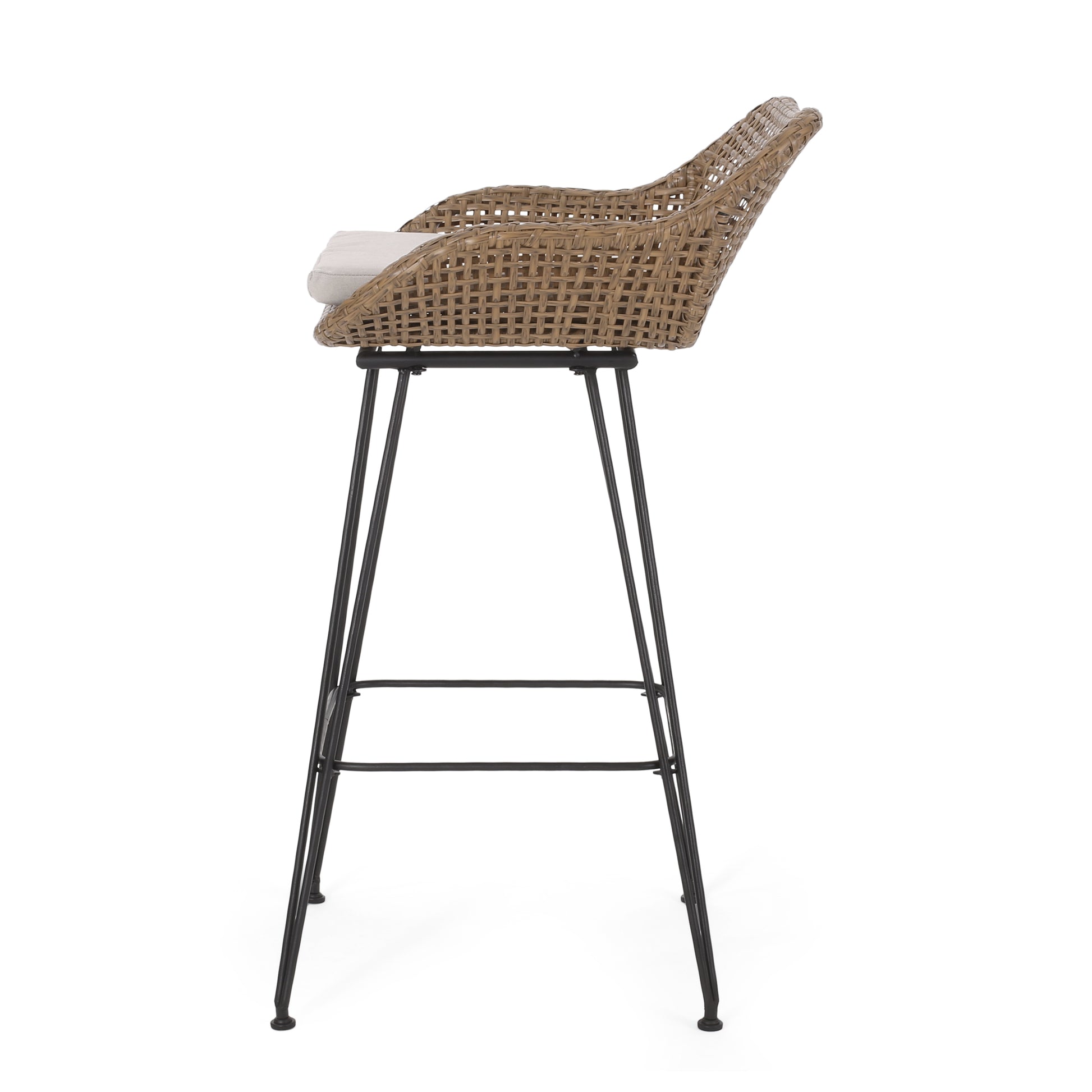 Woven rattan bar stool with beige cushion and black metal legs perfect for modern kitchens