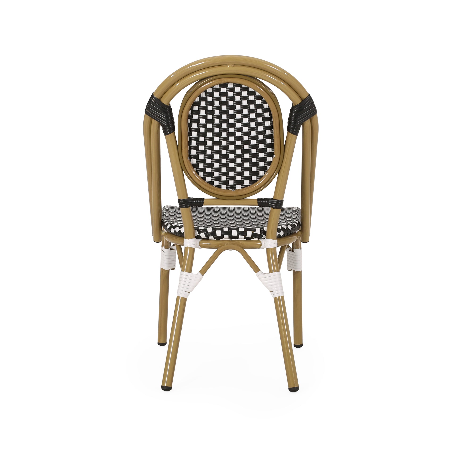 Brown wicker bistro chair with black and white patterned seat and back perfect for outdoor dining