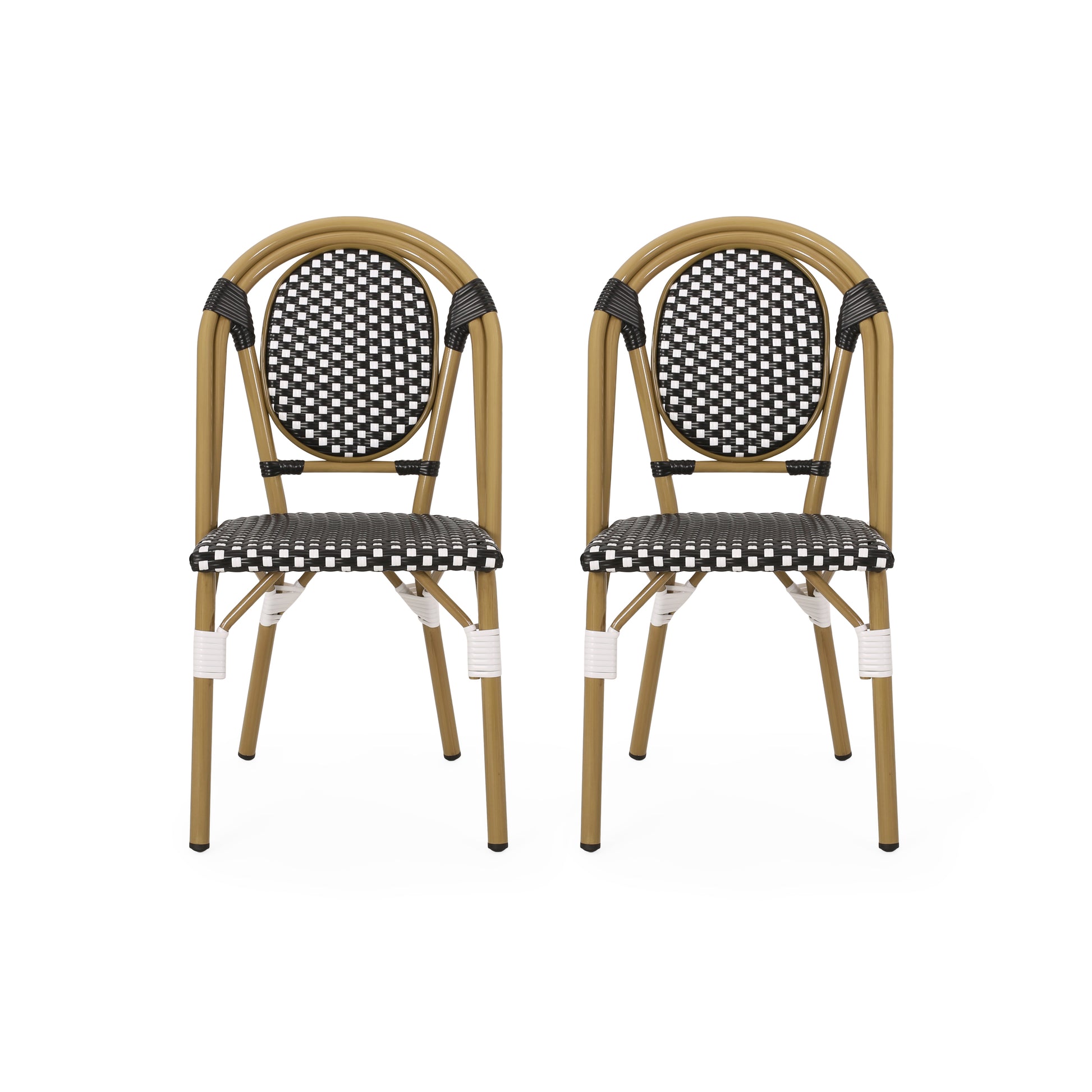 Pair of gold rattan cafe chairs with black and white checkerboard seats