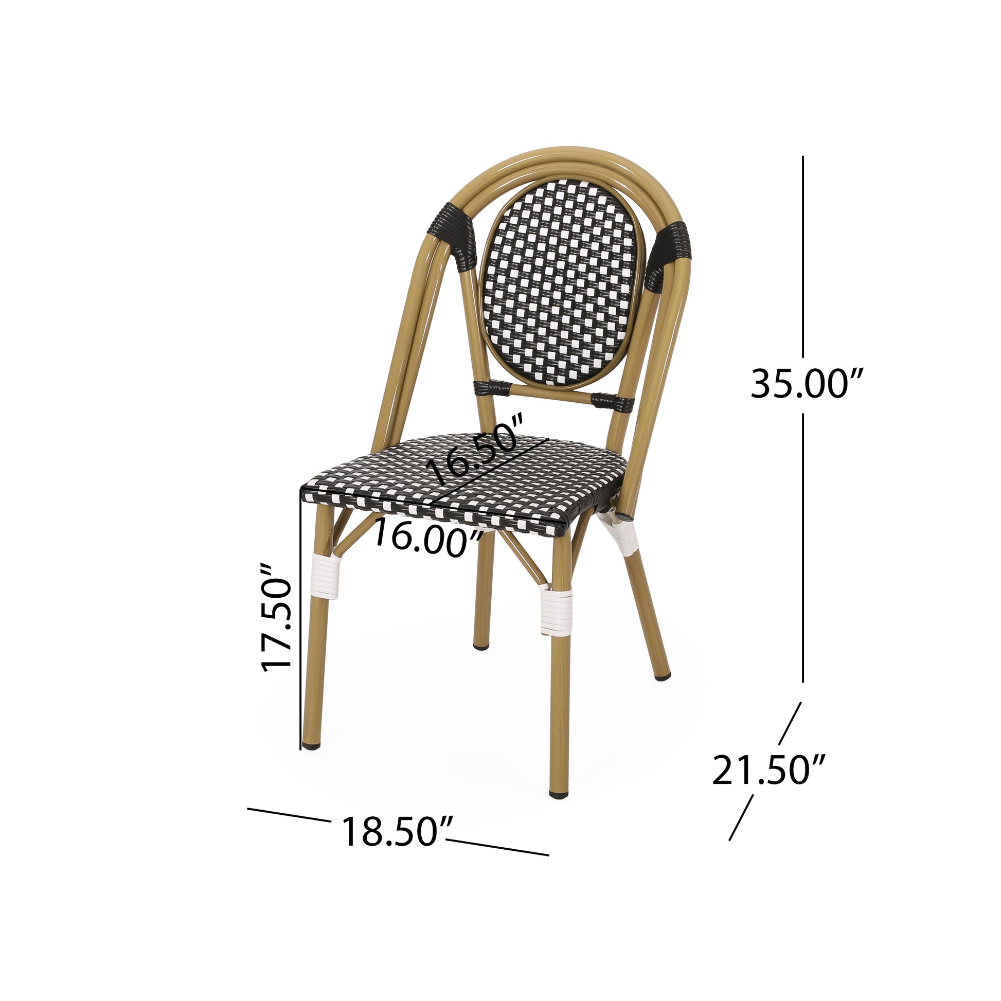 Brown rattan bistro chair with black and white woven seat and back