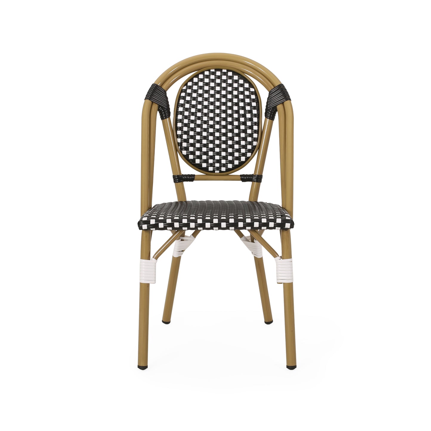 Classic bistro chair with rattan weave seat and back in black and white checkered pattern